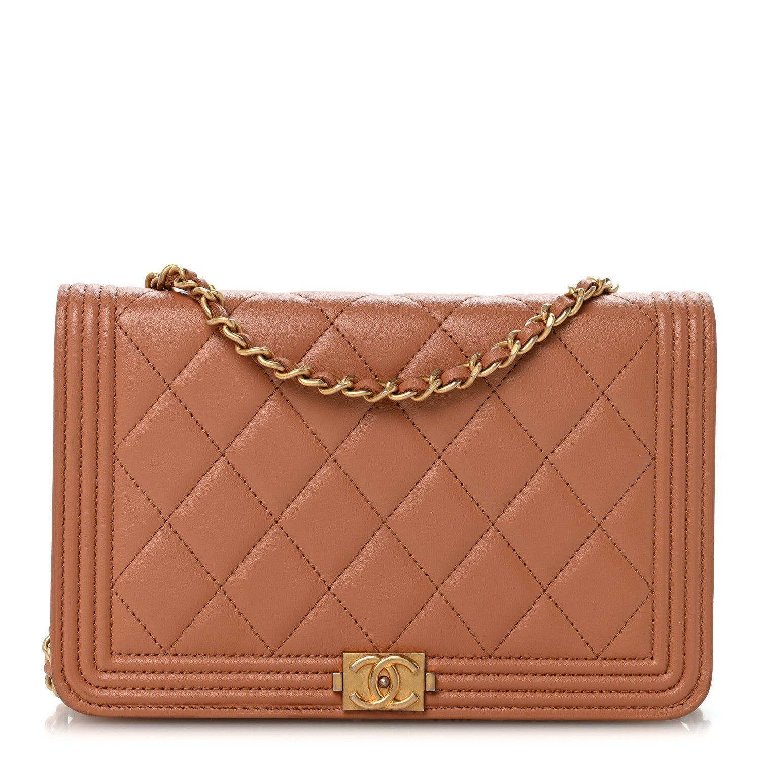 Chanel Lambskin Quilted Boy Wallet On Chain WOC Beige