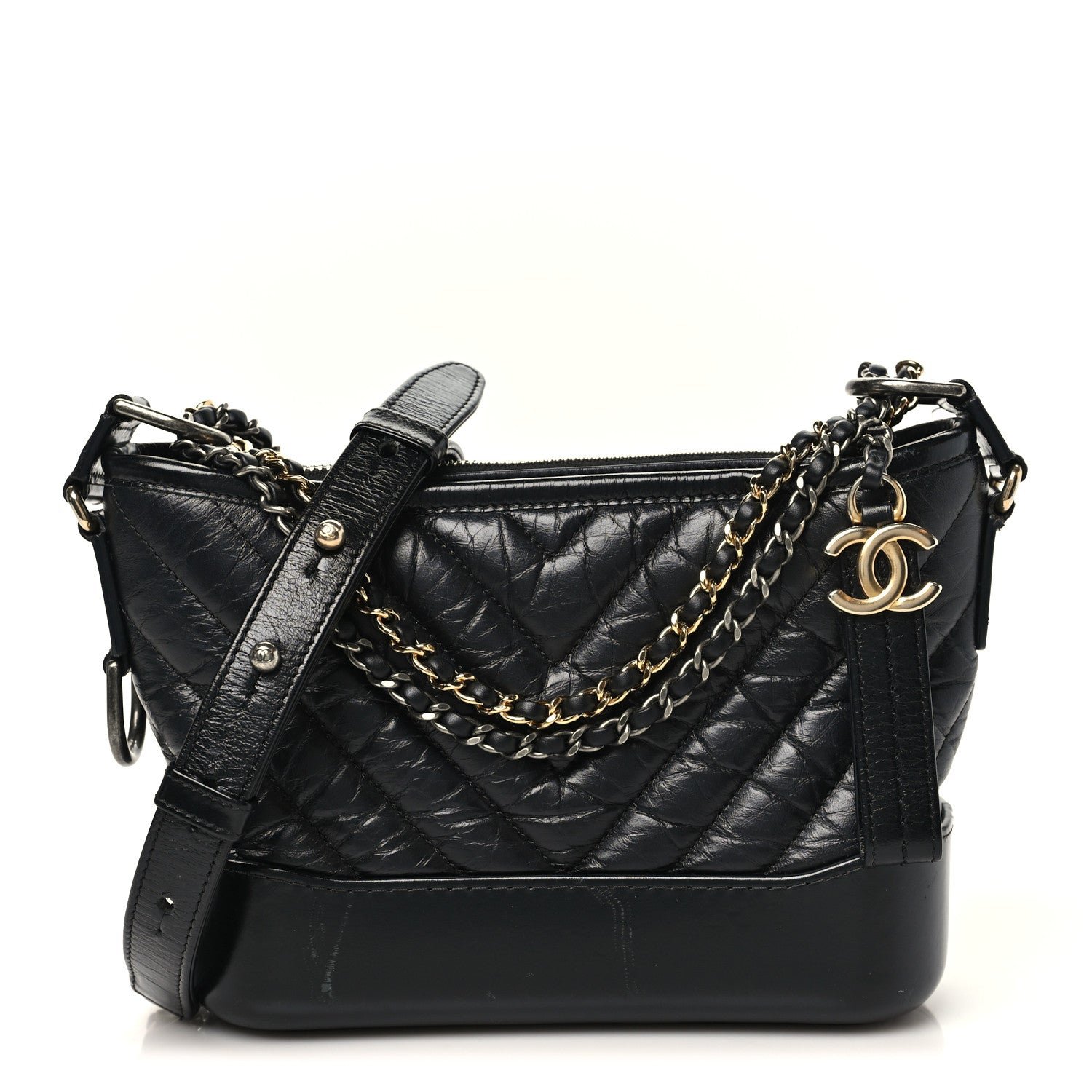 Chanel Aged Calfskin Chevron Quilted Small Gabrielle Hobo Black