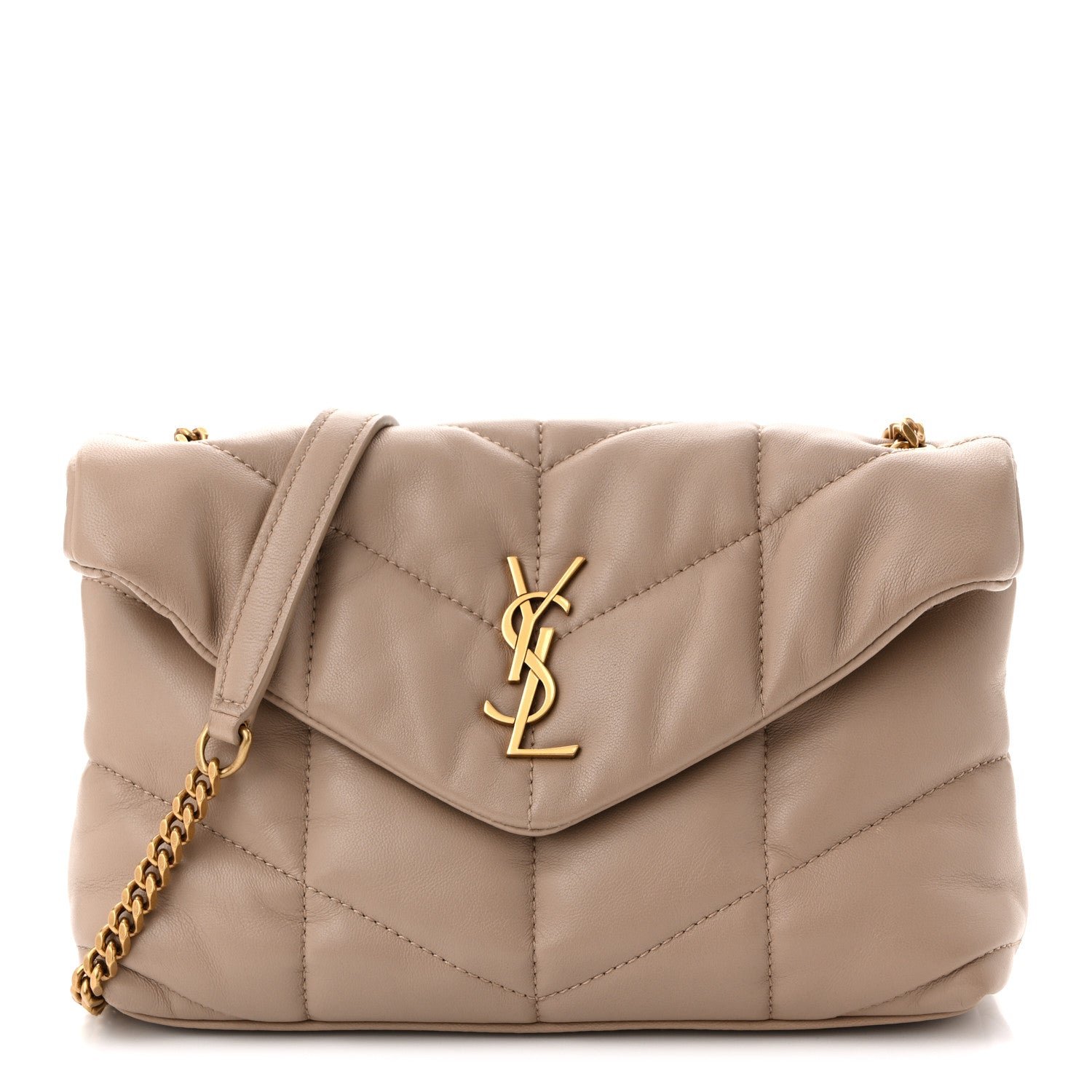 Saint Laurent Lambskin Quilted Toy Loulou Puffer Monogram Chain Satchel Dark Beige