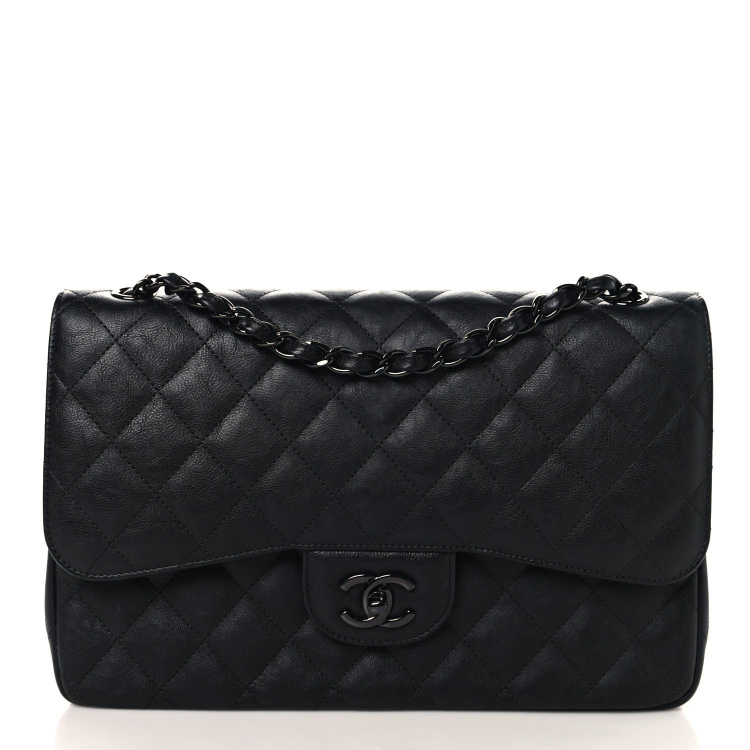 Chanel Crumpled Calfskin Quilted Jumbo Double Flap So Black