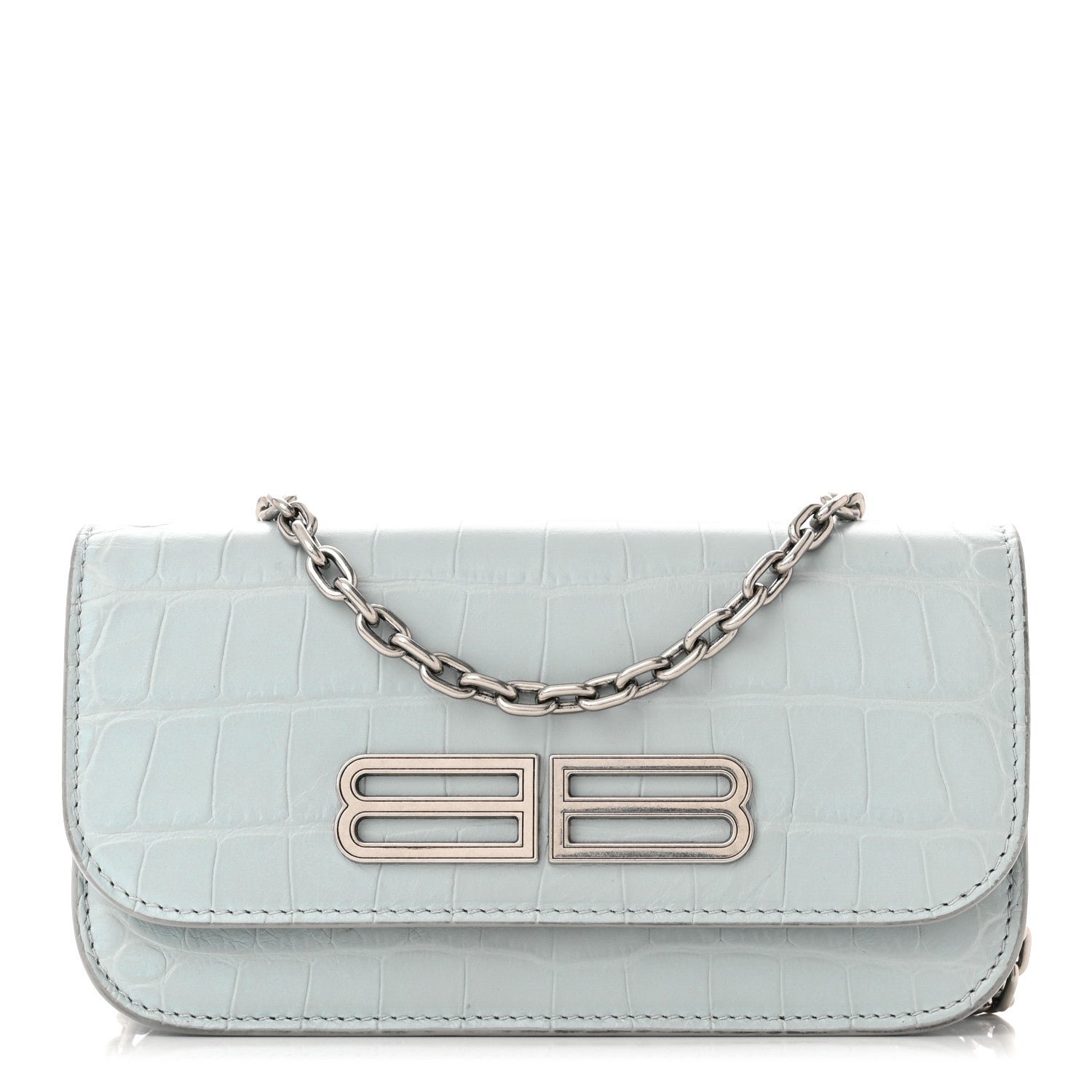 Balenciaga Extra Supple Calfskin Crocodile Embossed Gossip Wallet On Chain Ash Blue