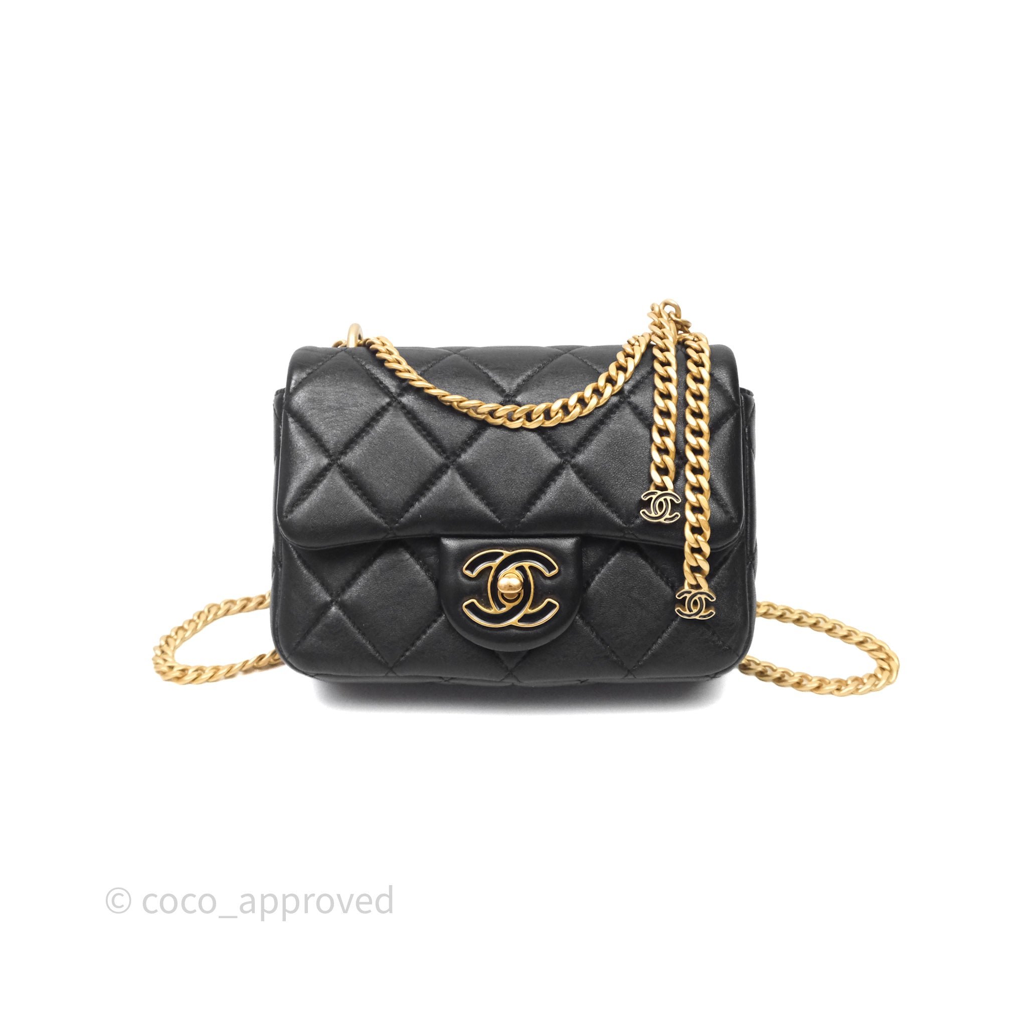 Chanel Quilted Enamel Pending CC Square Flap Black Lambskin Aged Gold Hardware