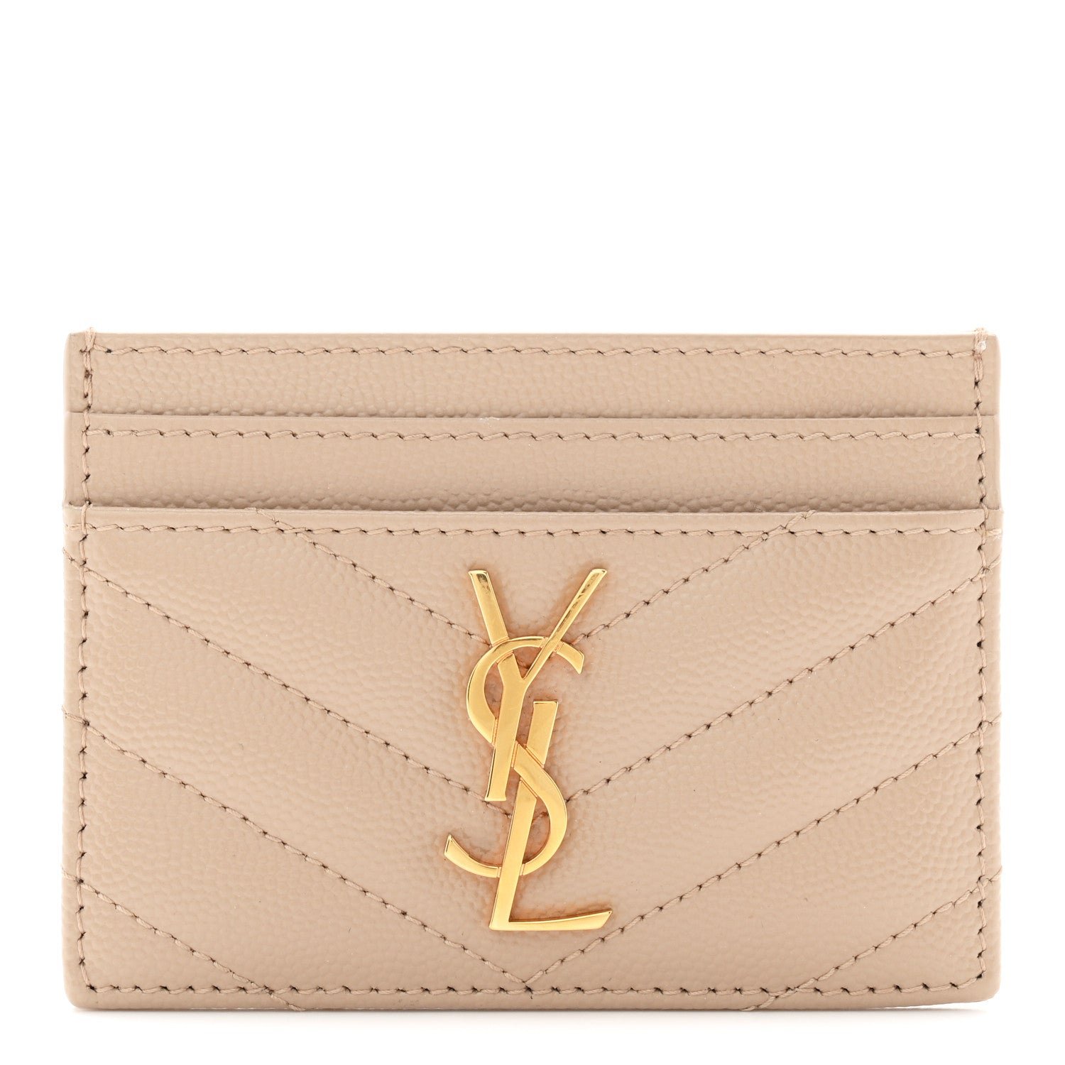 Saint Laurent Grain De Poudre Matelasse Chevron Monogram Credit Card Case Dark Beige