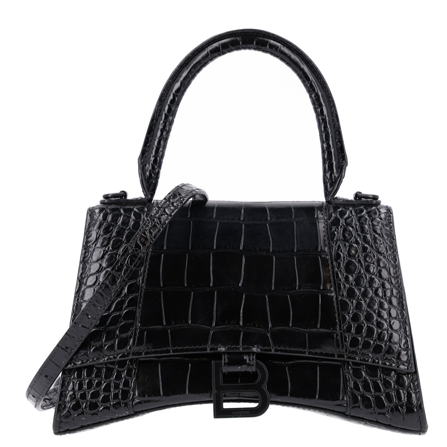 Balenciaga Shiny Calfskin Monochrome Crocodile Embossed Small Hourglass Top Handle Bag Black