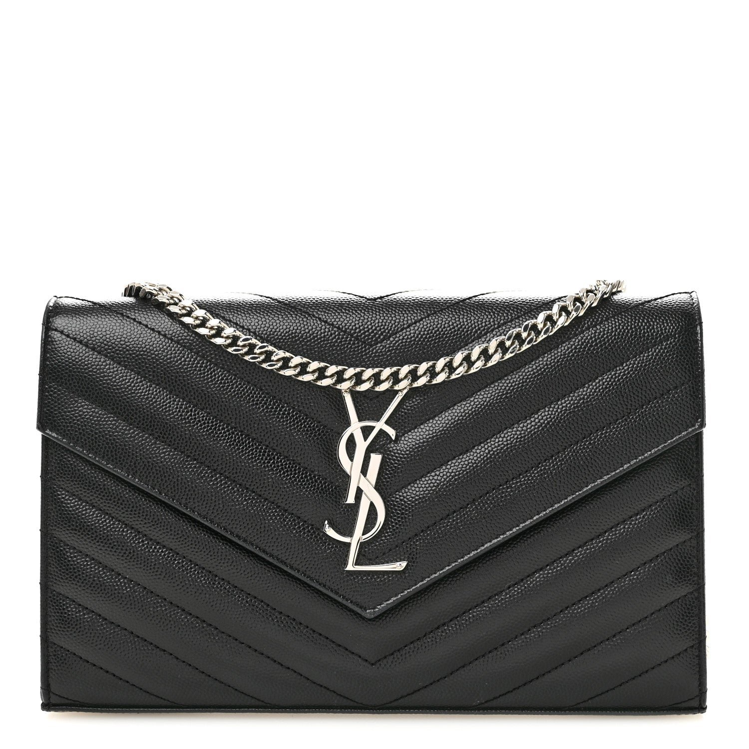 Saint Laurent Grain De Poudre Matelasse Chevron Monogram Chain Wallet Black