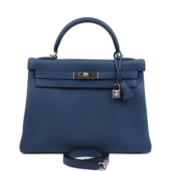 Hermes Hermes Kelly Retourne 32 Bleu Tie Clemence Palladium Hardware