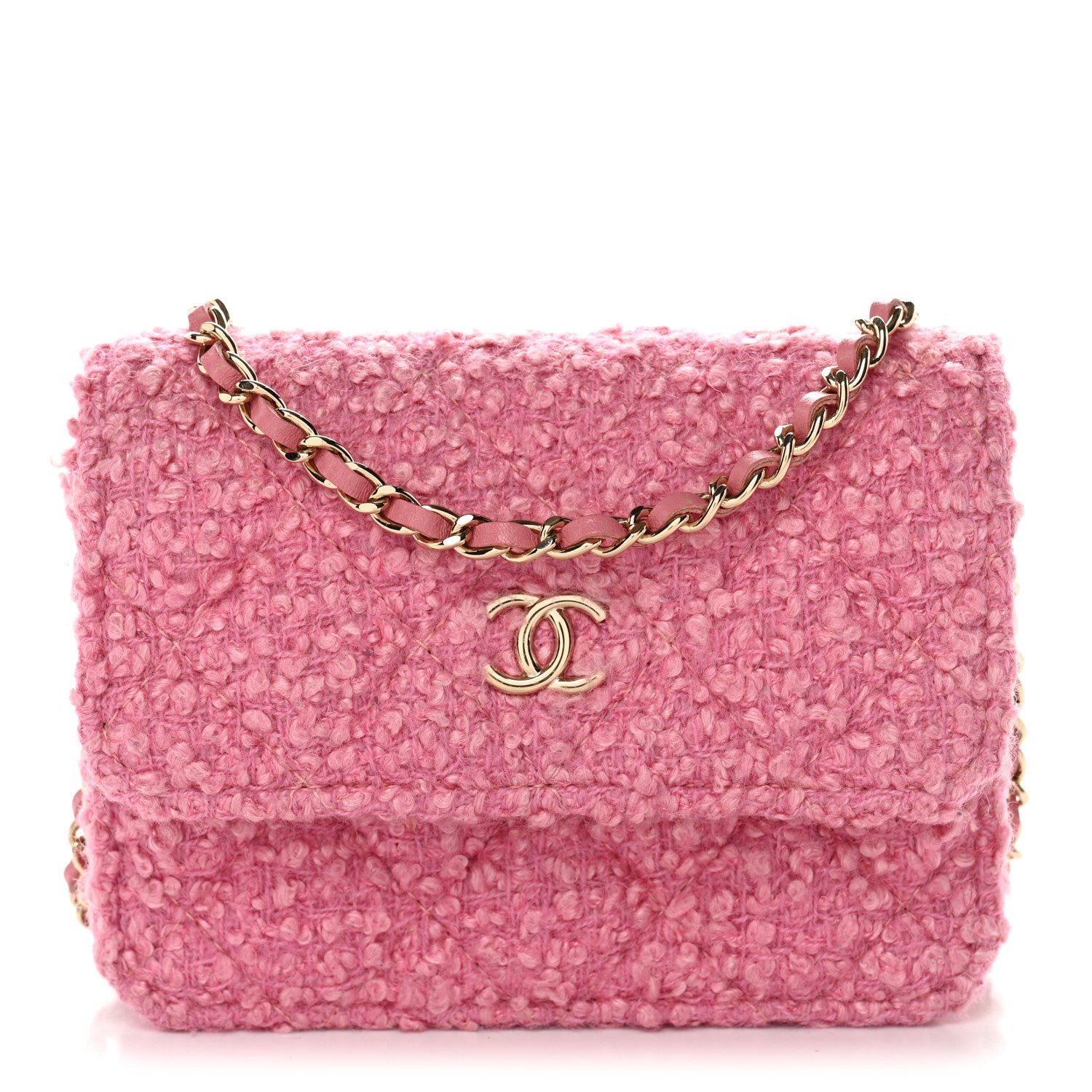 Chanel Tweed Quilted Flap Chain Waist Bag Pink