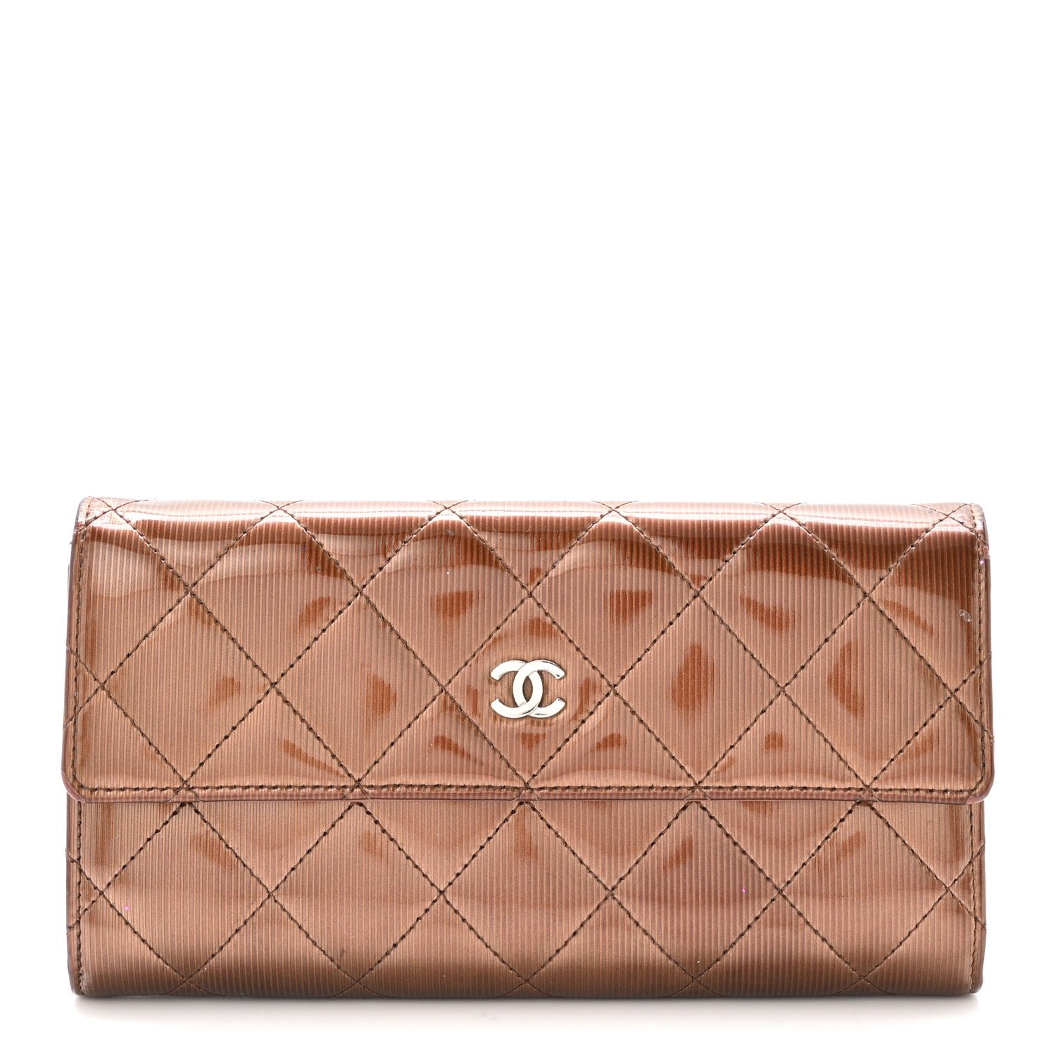 Chanel Striated Patent Quilted Large Gusset Flap Wallet Bronze