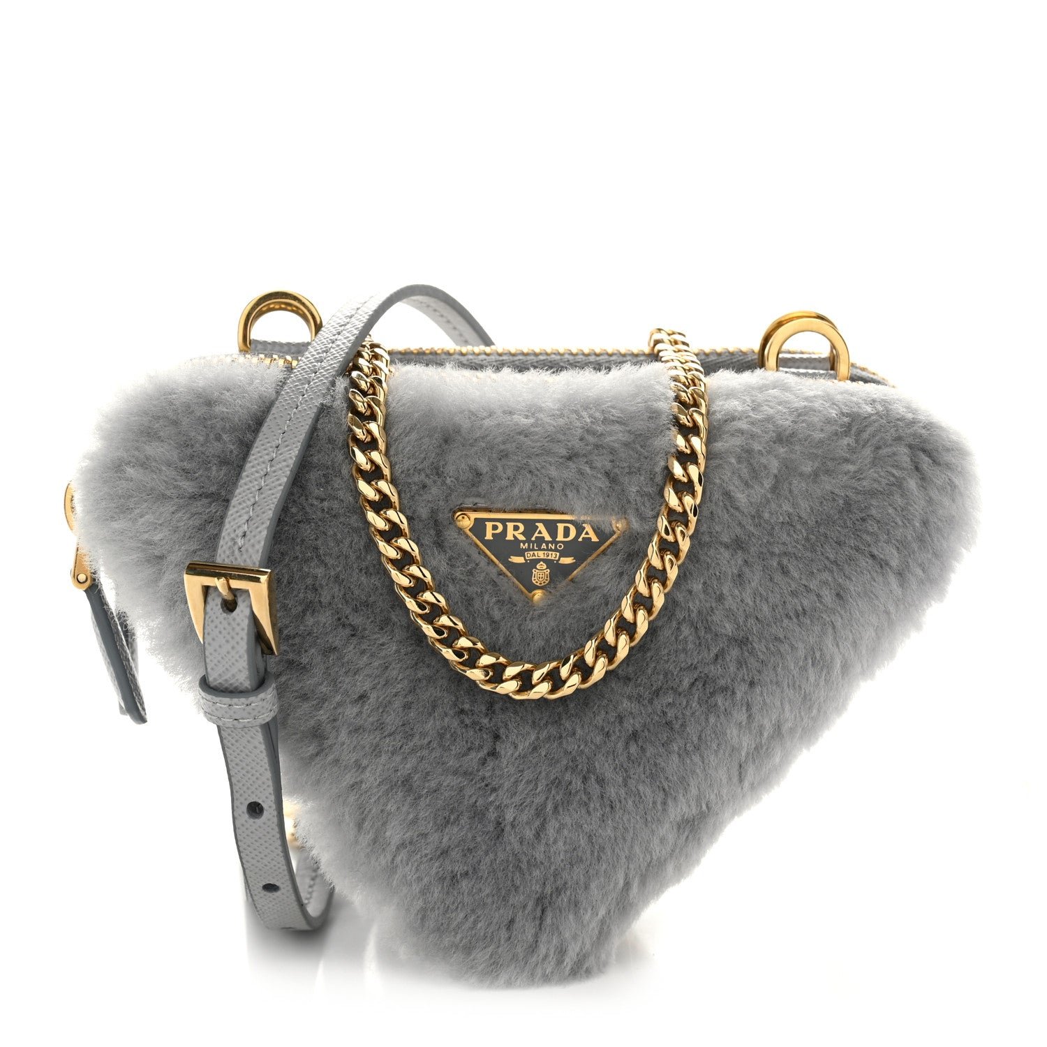 Prada Montone Shearling Saffiano Triangle Mini Pouch Fiordaliso