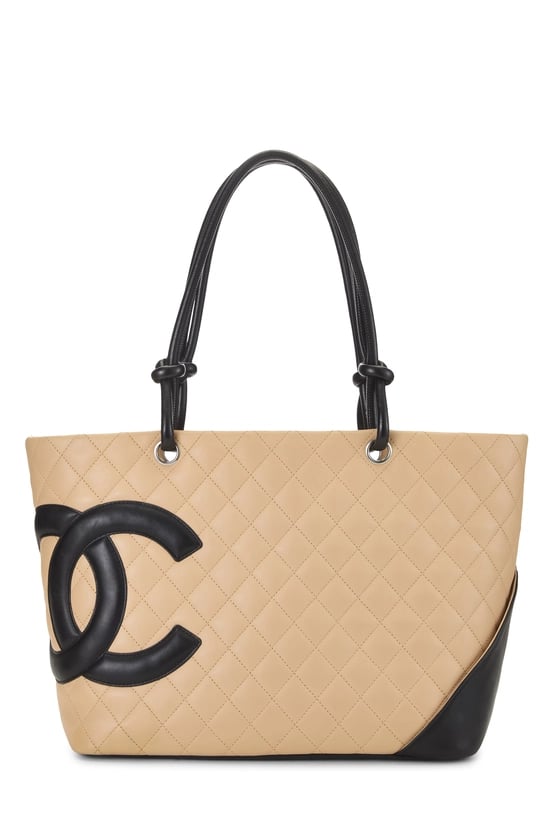 Beige Quilted Calfskin Cambon Tote Large