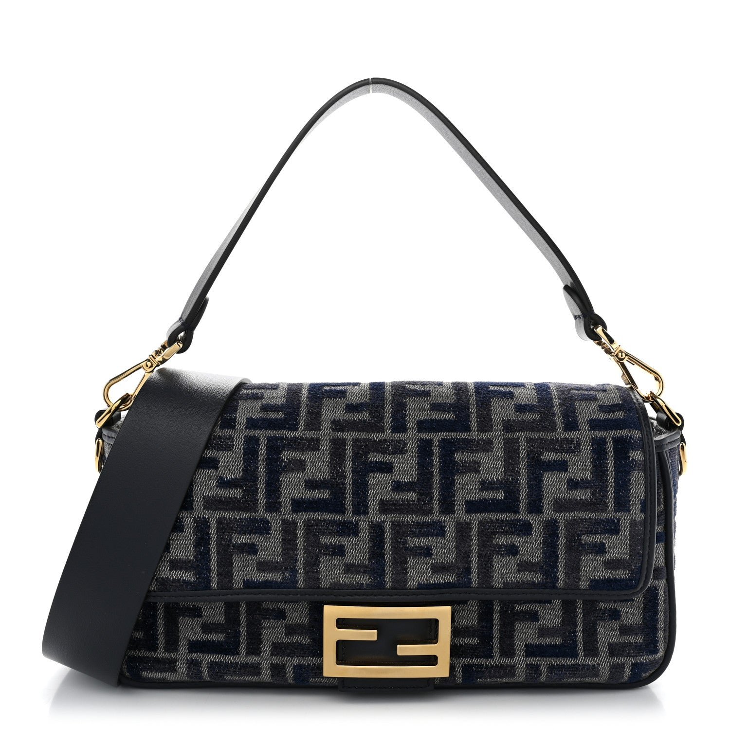 Fendi Chenille FF Embroidered Baguette Dark Blue Grey