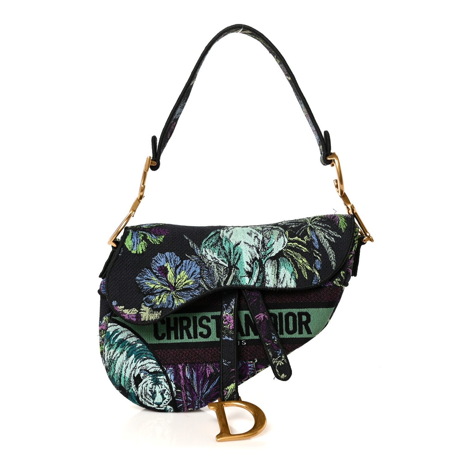 Christian Dior Canvas Embroidered Petites Fleurs Saddle Bag Black Multicolor