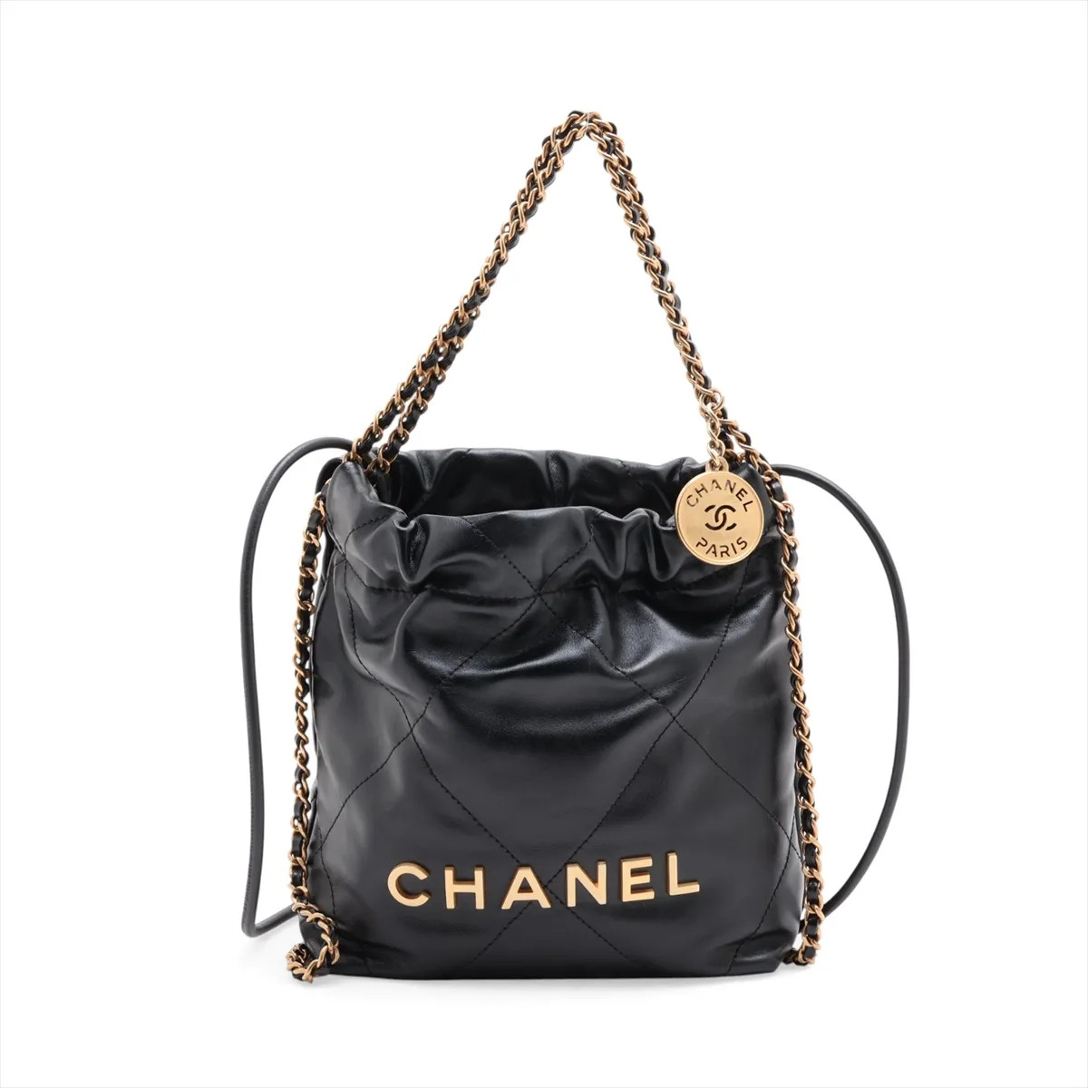 Chanel Chanel 22 mini shiny calfskin Chain Shoulder Bag Black Gold Metal Fitting