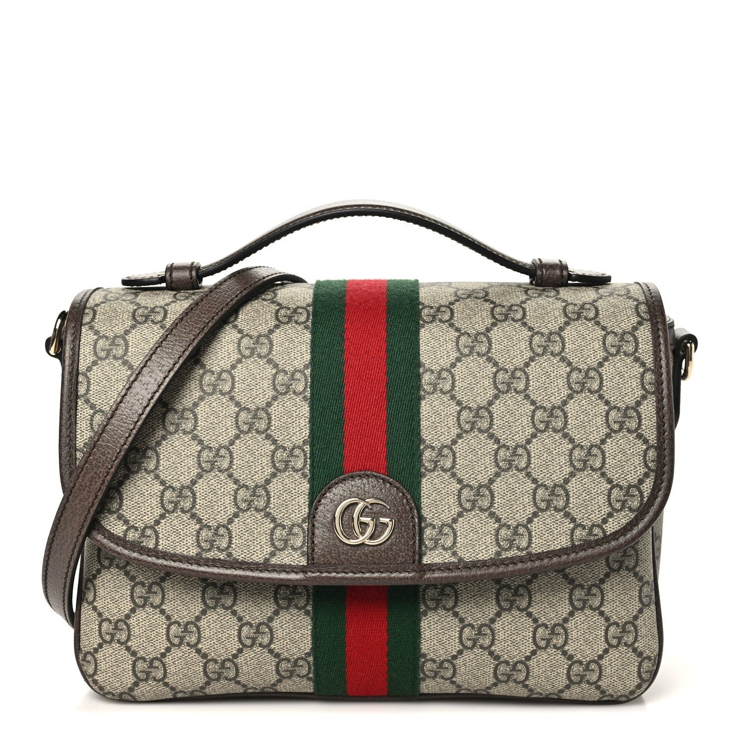 Gucci GG Supreme Monogram Textured Dollar Calfskin Medium Ophidia Top Handle Shoulder Bag Beige Brown