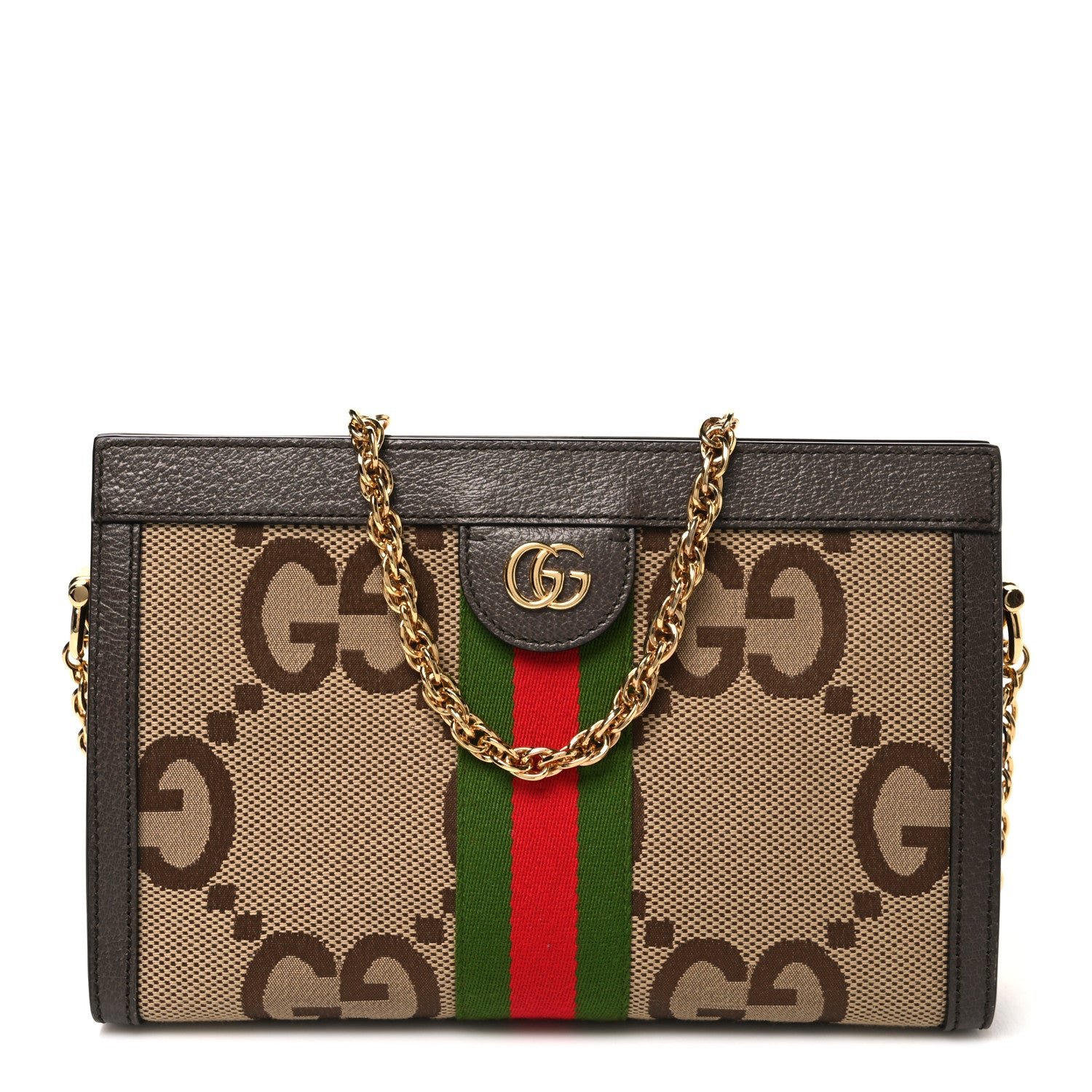 Gucci Monogram Jumbo GG Textured Dollar Calfskin Web Small Ophidia Chain Shoulder Bag Camel Ebony New Acero