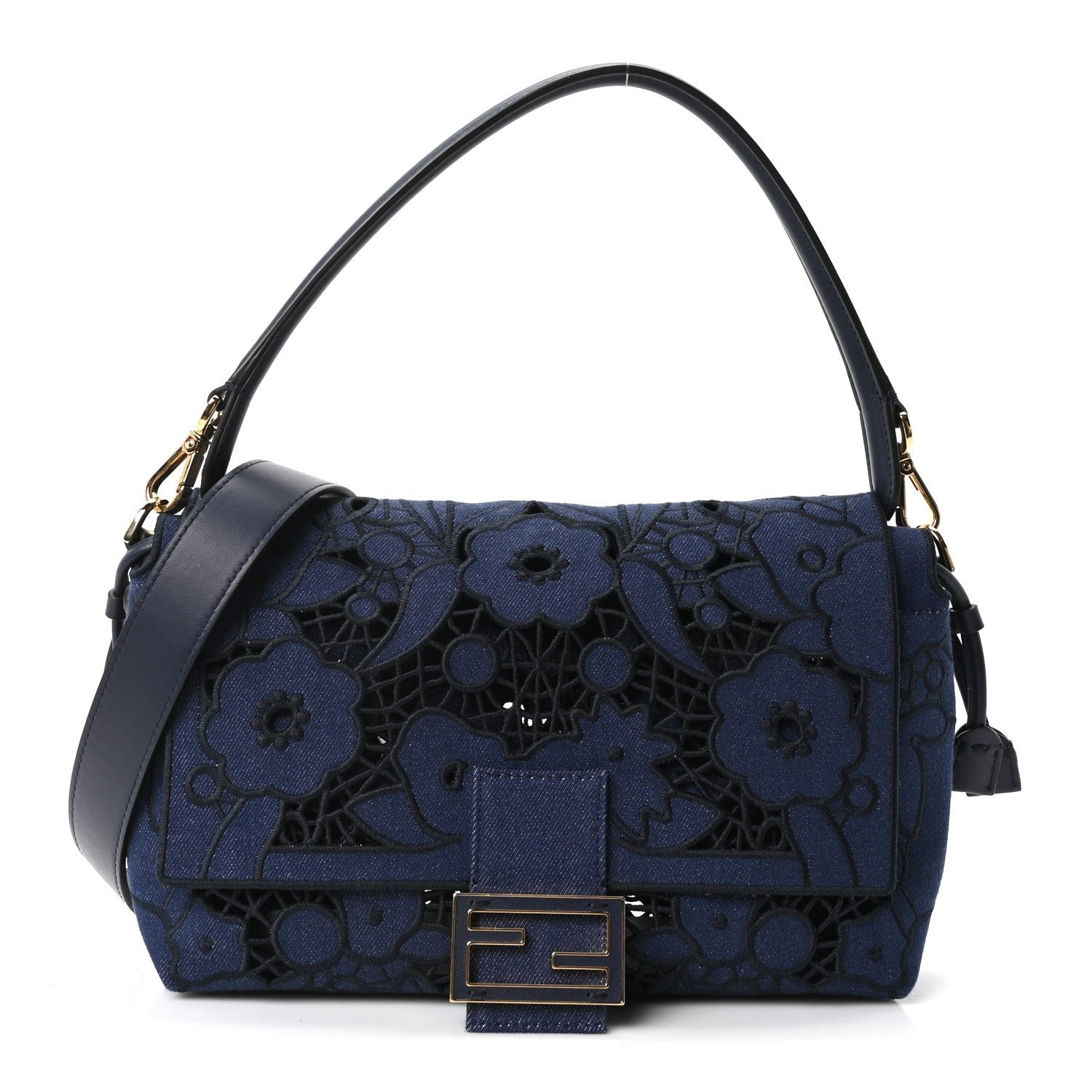 Fendi Denim Floral À Jour Medium Mamma Baguette Dark Blue