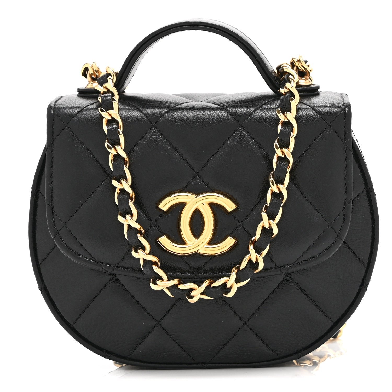 Chanel Shiny Aged Calfskin Quilted Mini Top Handle Clutch With Chain Black