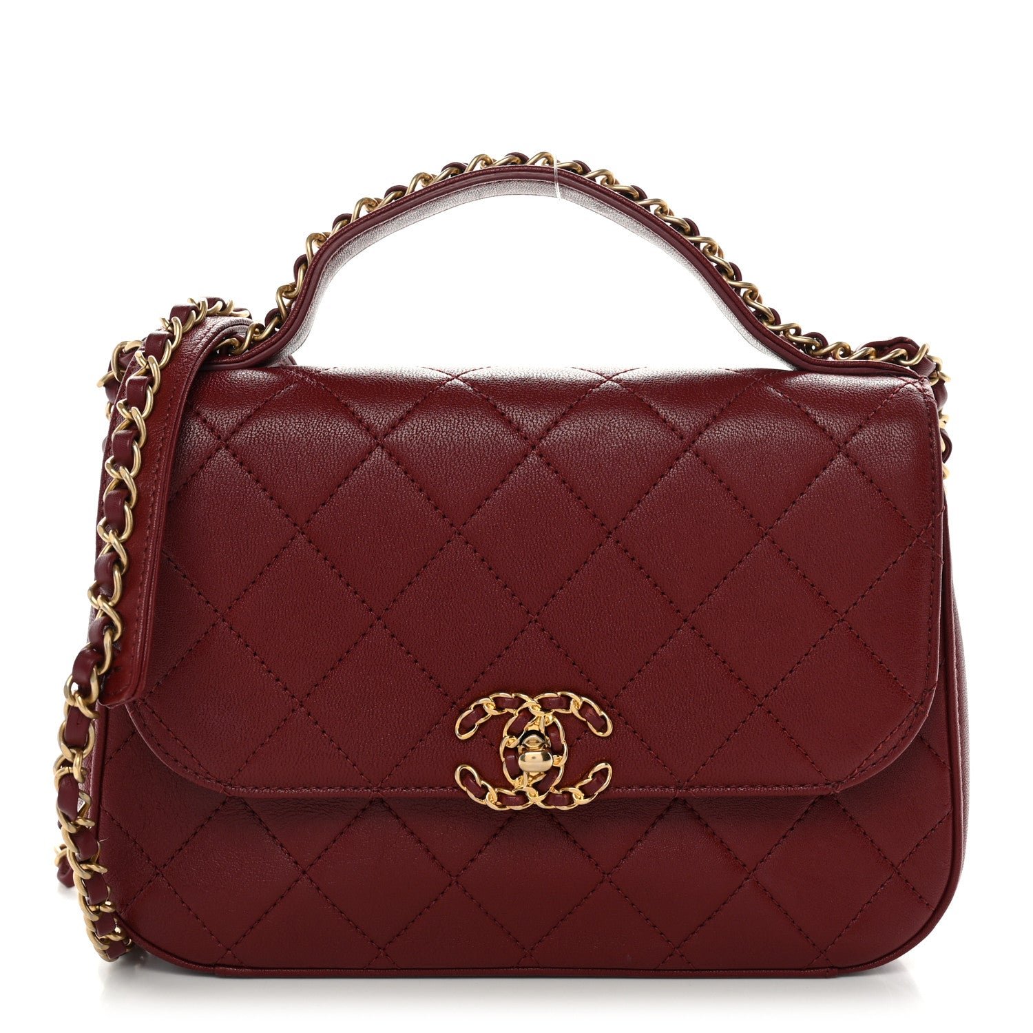 Chanel Lambskin Quilted Chain Infinity Top Handle Flap Burgundy