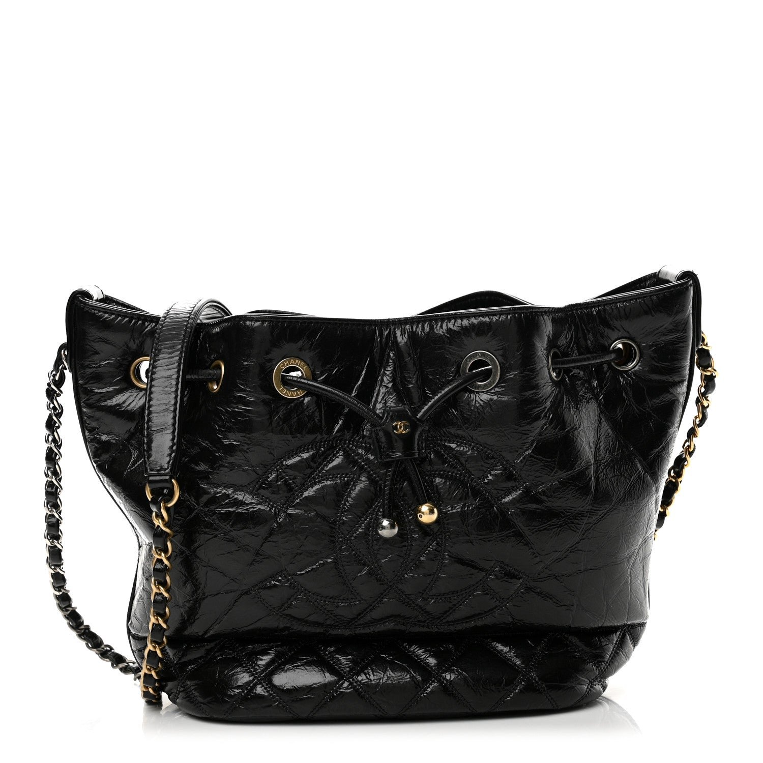 Chanel Shiny Aged Calfskin CC Chain Drawstring Bag Black