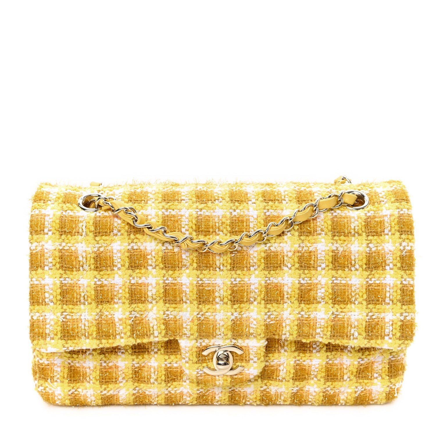 Chanel Tweed Quilted Medium Double Flap Yellow White Ochre