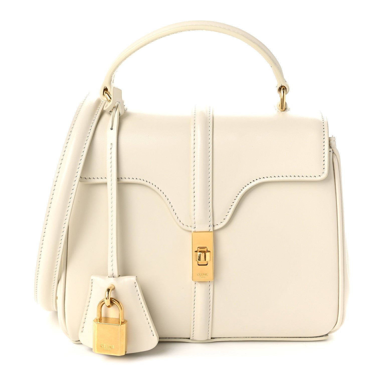 Celine Satinated Calfskin Mini 16 Top Handle Bag White Cotton