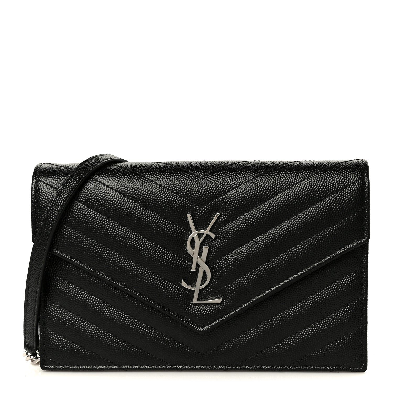 Saint Laurent Grain De Poudre Matelasse Chevron Monogram Envelope Chain Wallet Black
