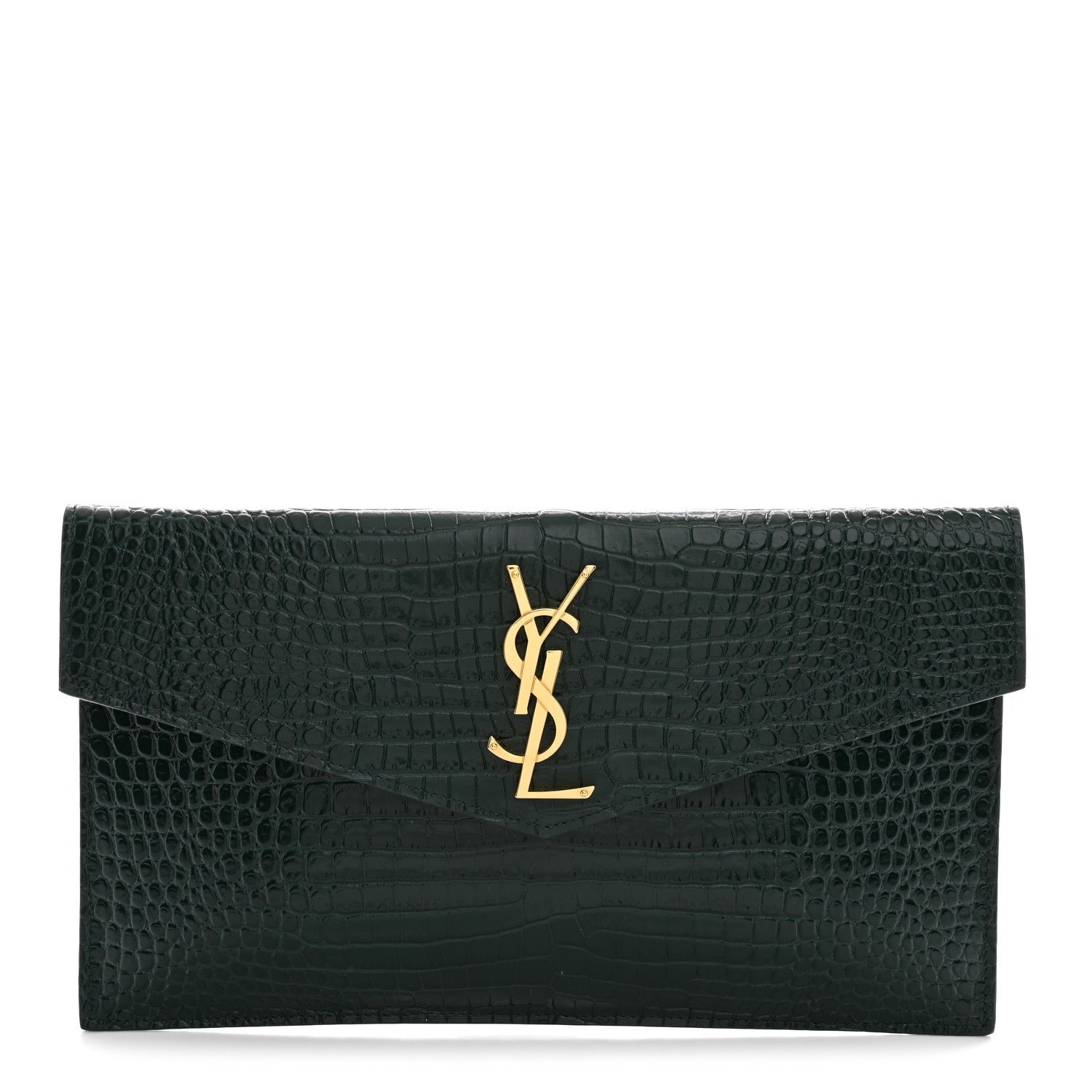 Saint Laurent Calfskin Crocodile Embossed Uptown Monogram Clutch Dark Green