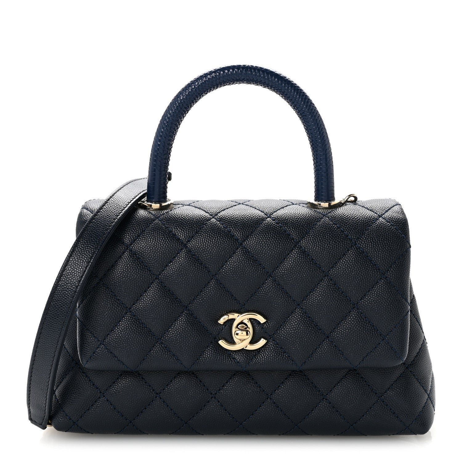 Chanel Caviar Quilted Lizard Embossed Mini Coco Handle Flap Navy Blue