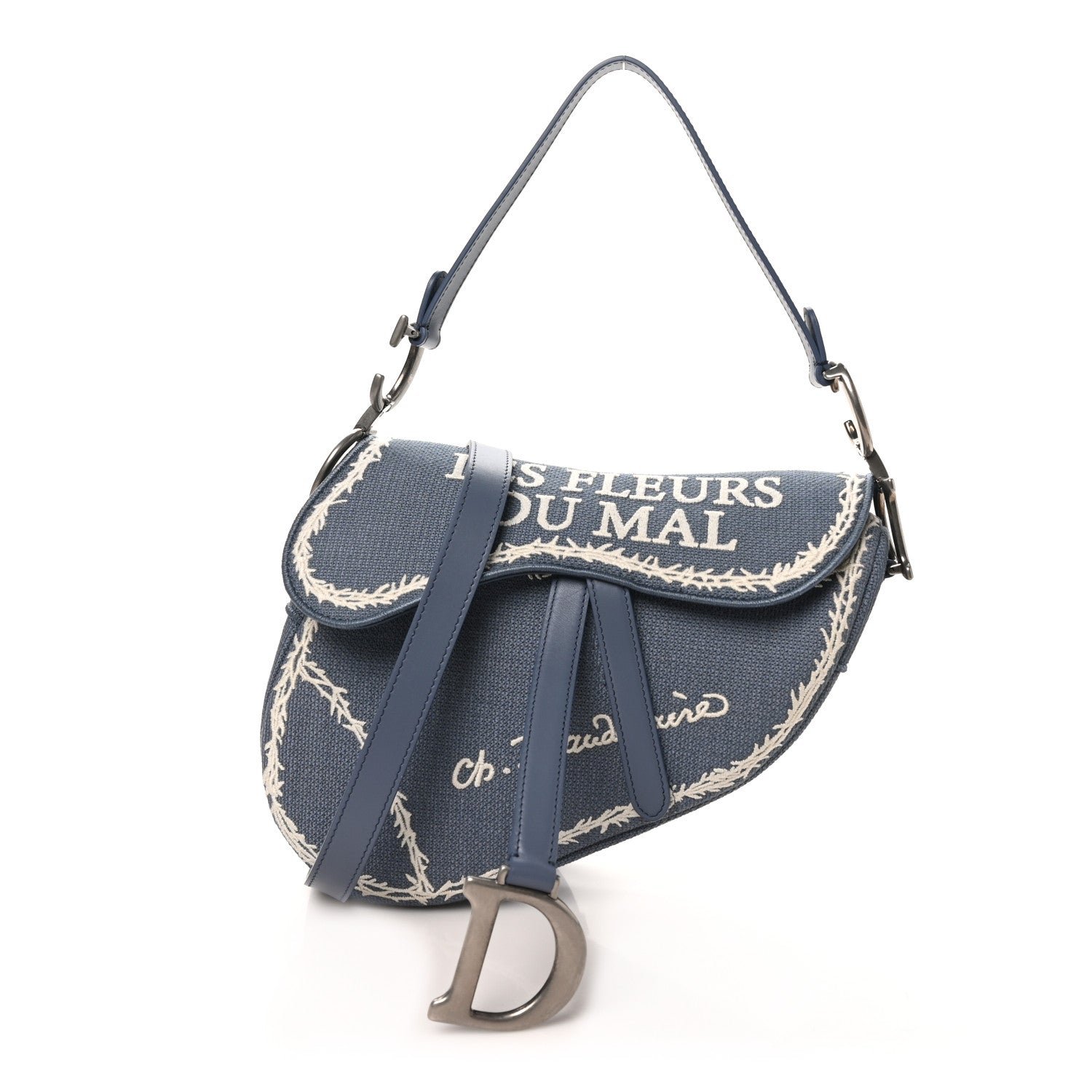 Christian Dior Cotton Canvas Embroidered Les Fleurs Du Mal Saddle Bag Blue