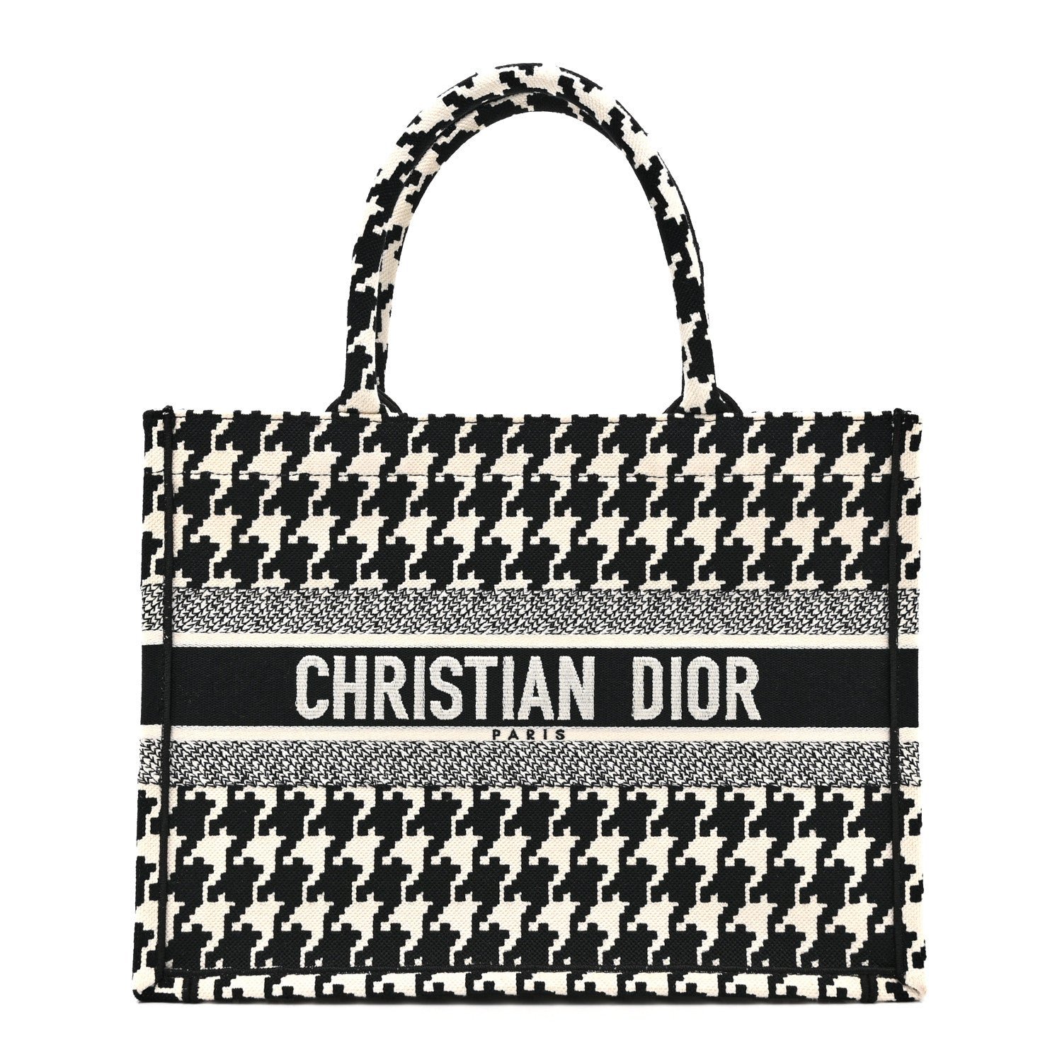 Christian Dior Canvas Houndstooth Embroidered Medium Book Tote Black White