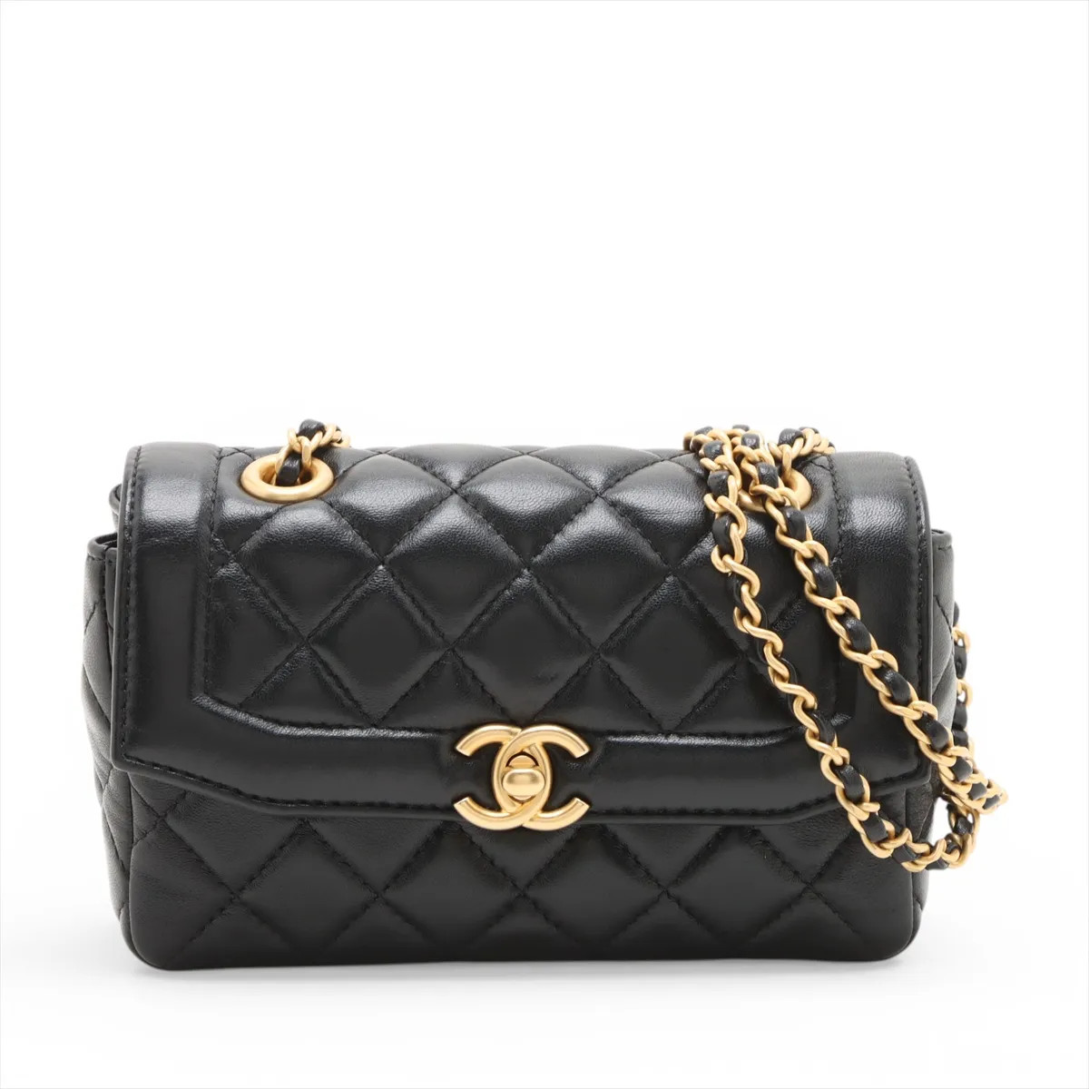Chanel Matelasse Lambskin Single Flap Double Chain Bag Black Gold Metal Fittings