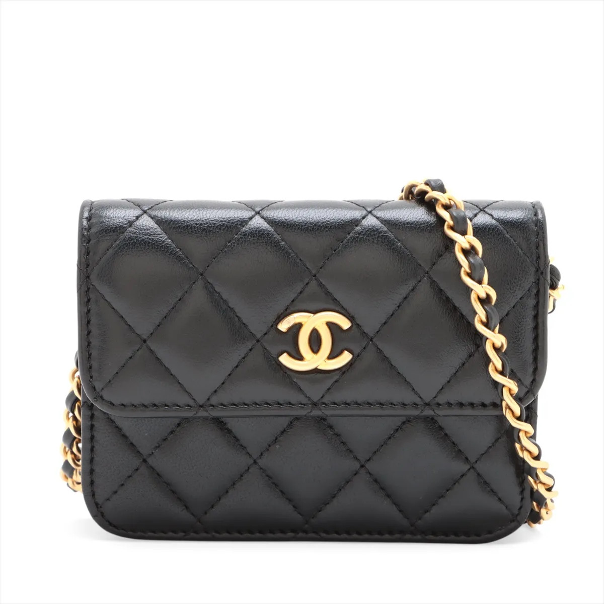Chanel Matelasse Lambskin Chain Shoulder Bag Pearl Ball Black Gold Metal Fitting