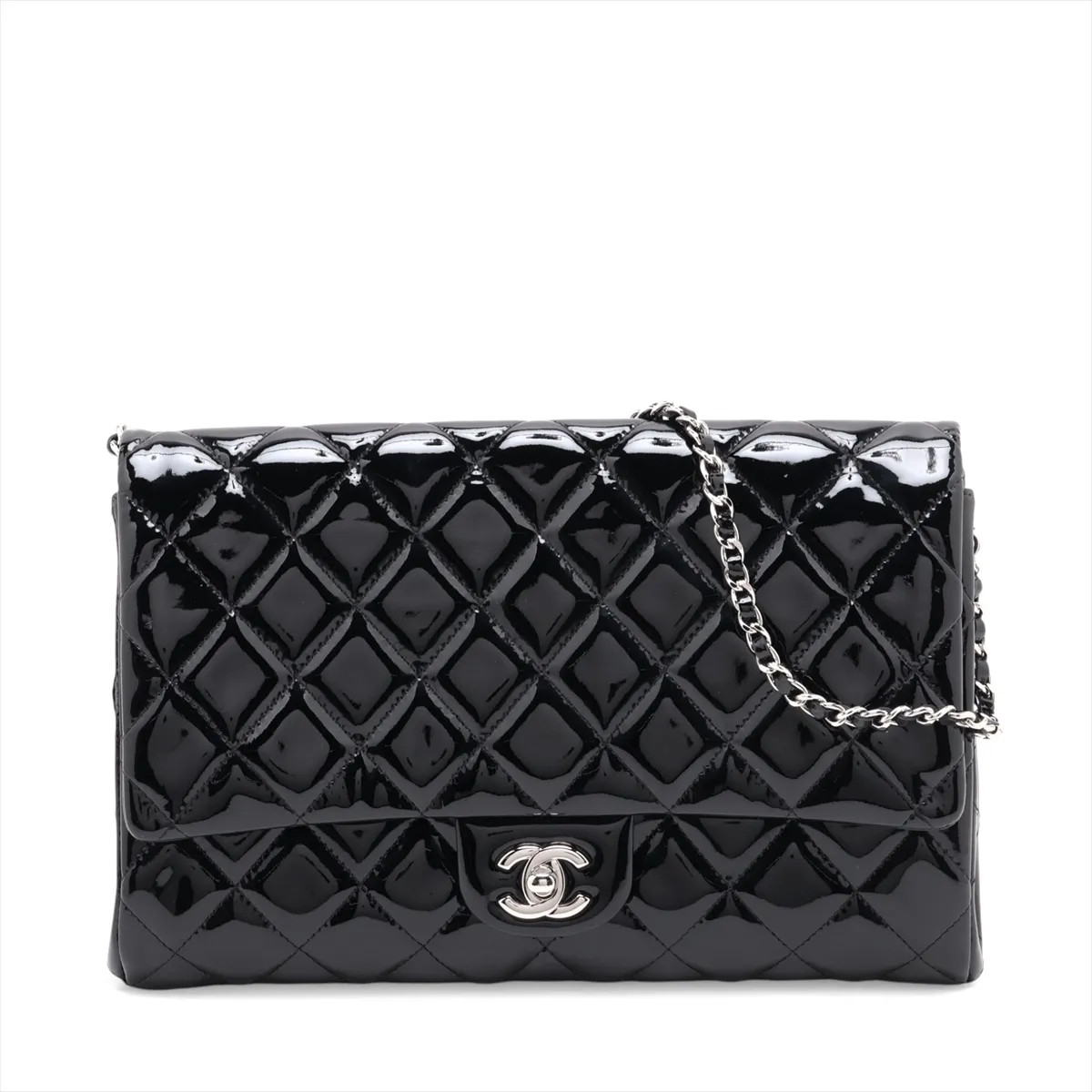 Chanel Matelasse Patent Leather Chain Shoulder Bag Black Silver Metal Fittings 1