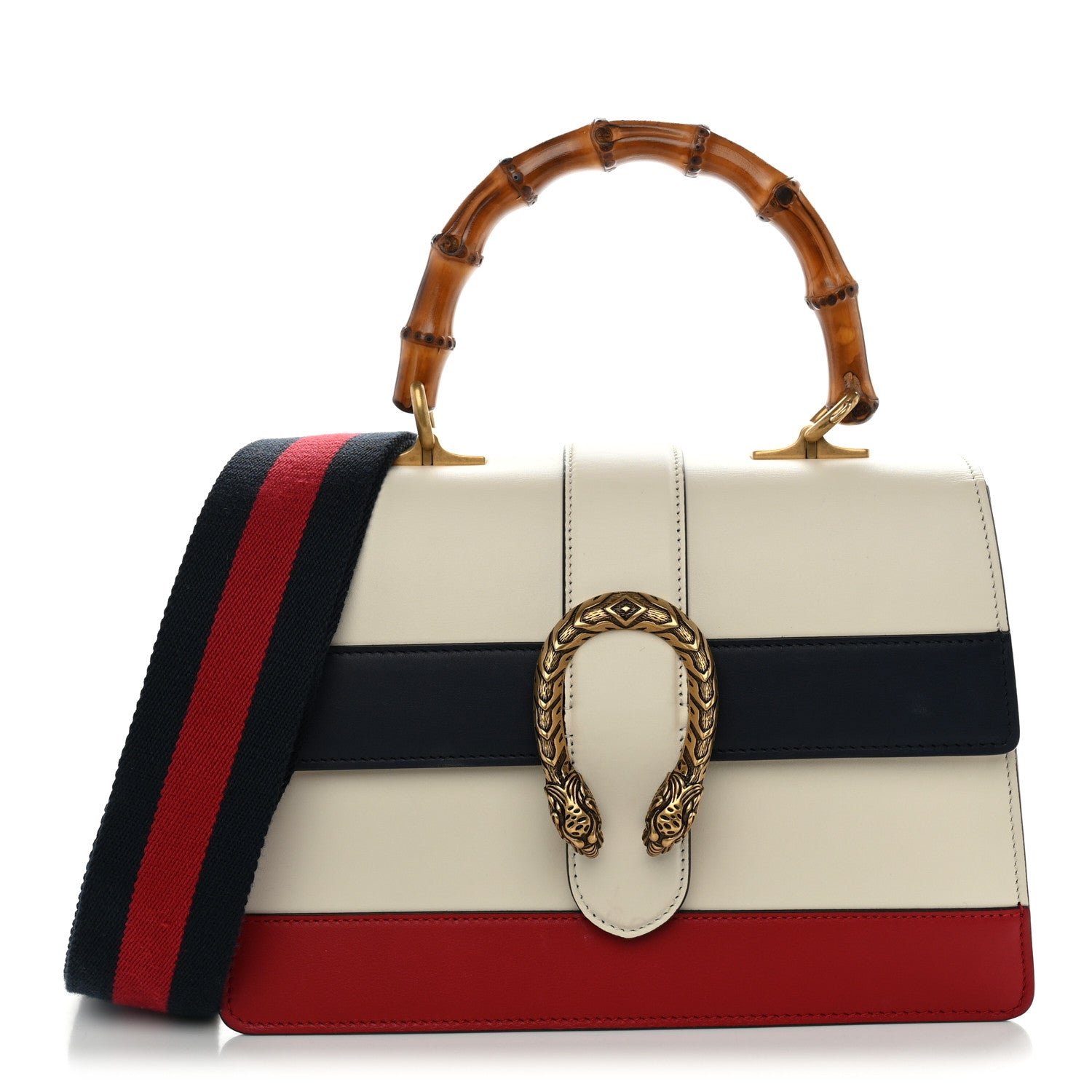 Gucci Calfskin Bamboo Web Medium Dionysus Top Handle Bag White Blue Hibiscus Red