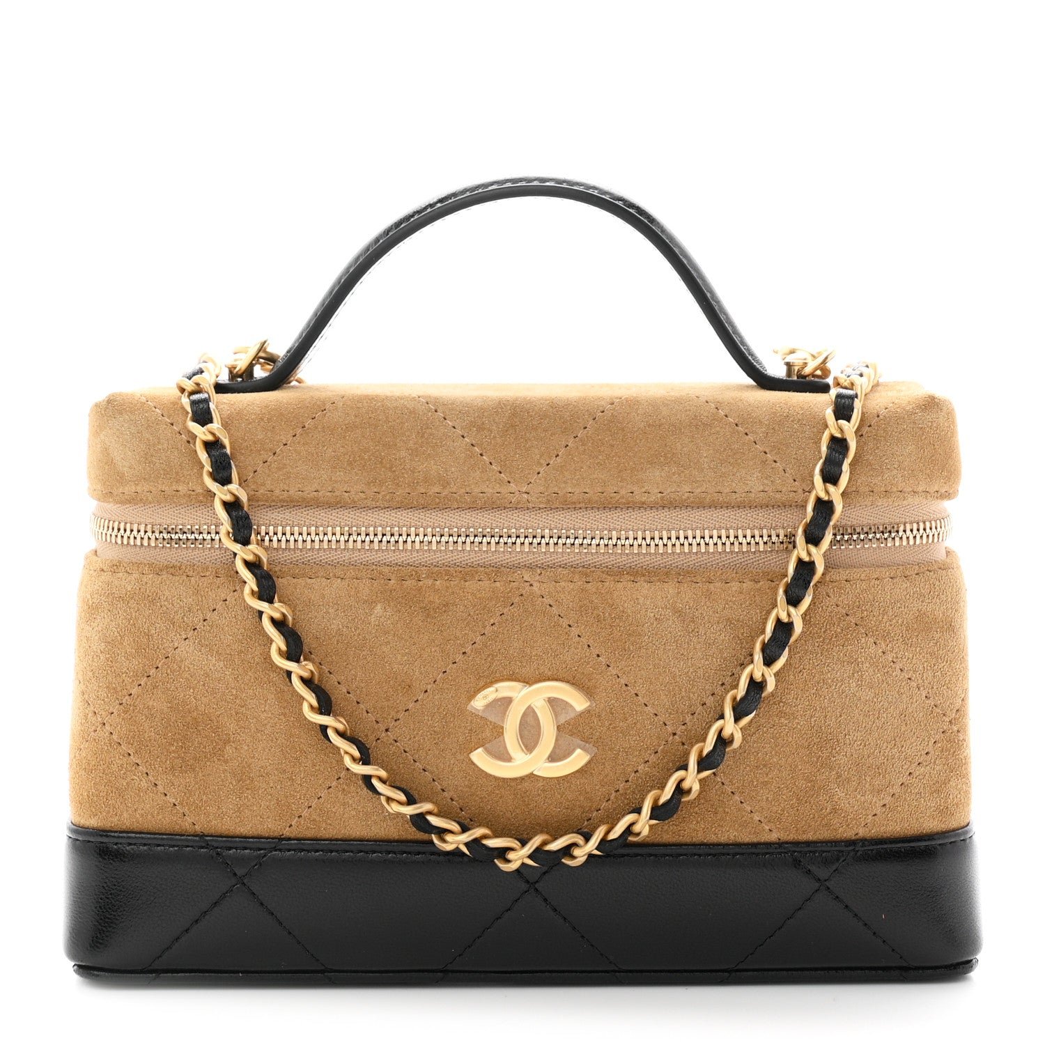 Chanel Suede Calfskin Shiny Lambskin Quilted Top Handle Slim Vanity Case With Chain Beige Black