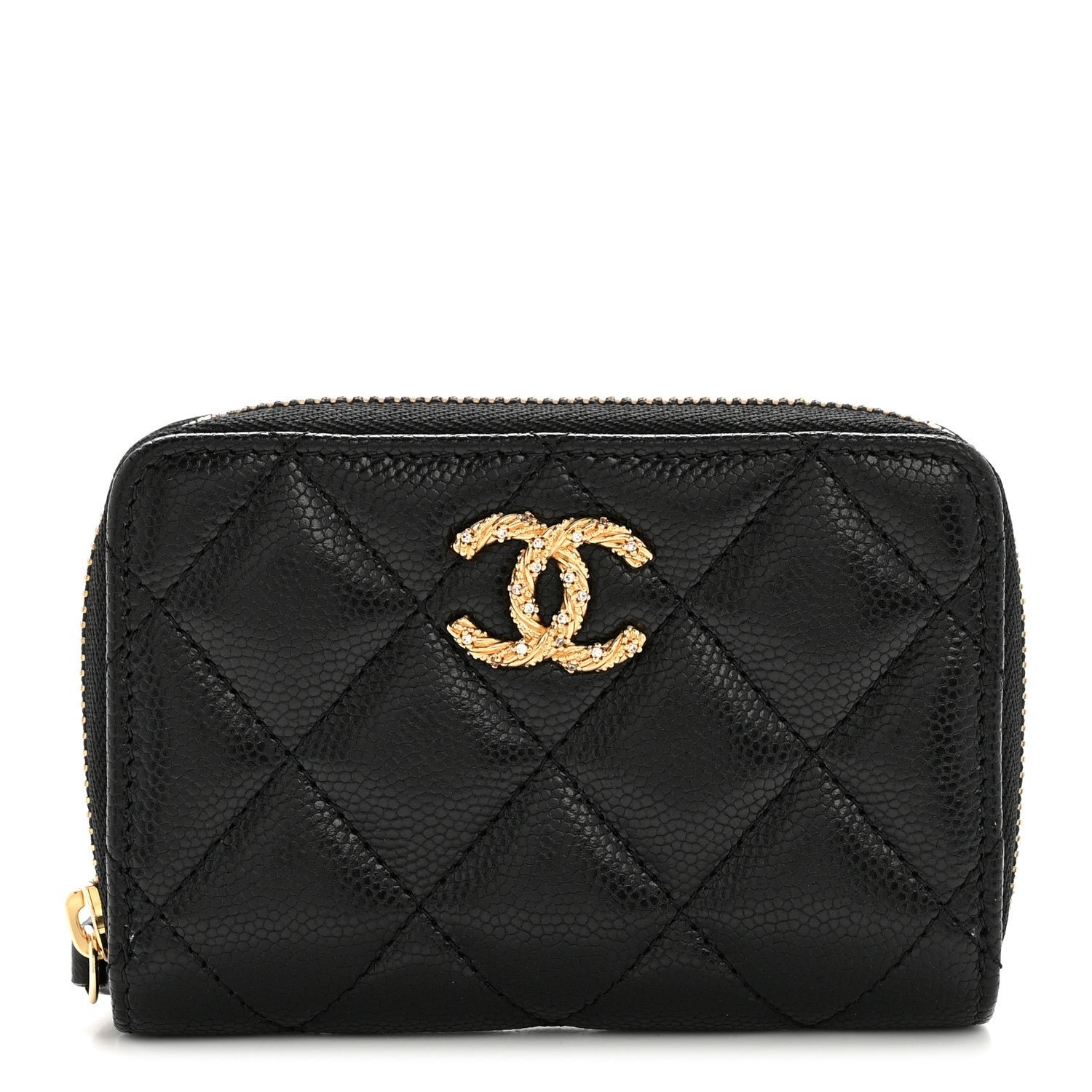 Chanel Caviar Quilted Crystal Zip Around Coin Purse Wallet Black
