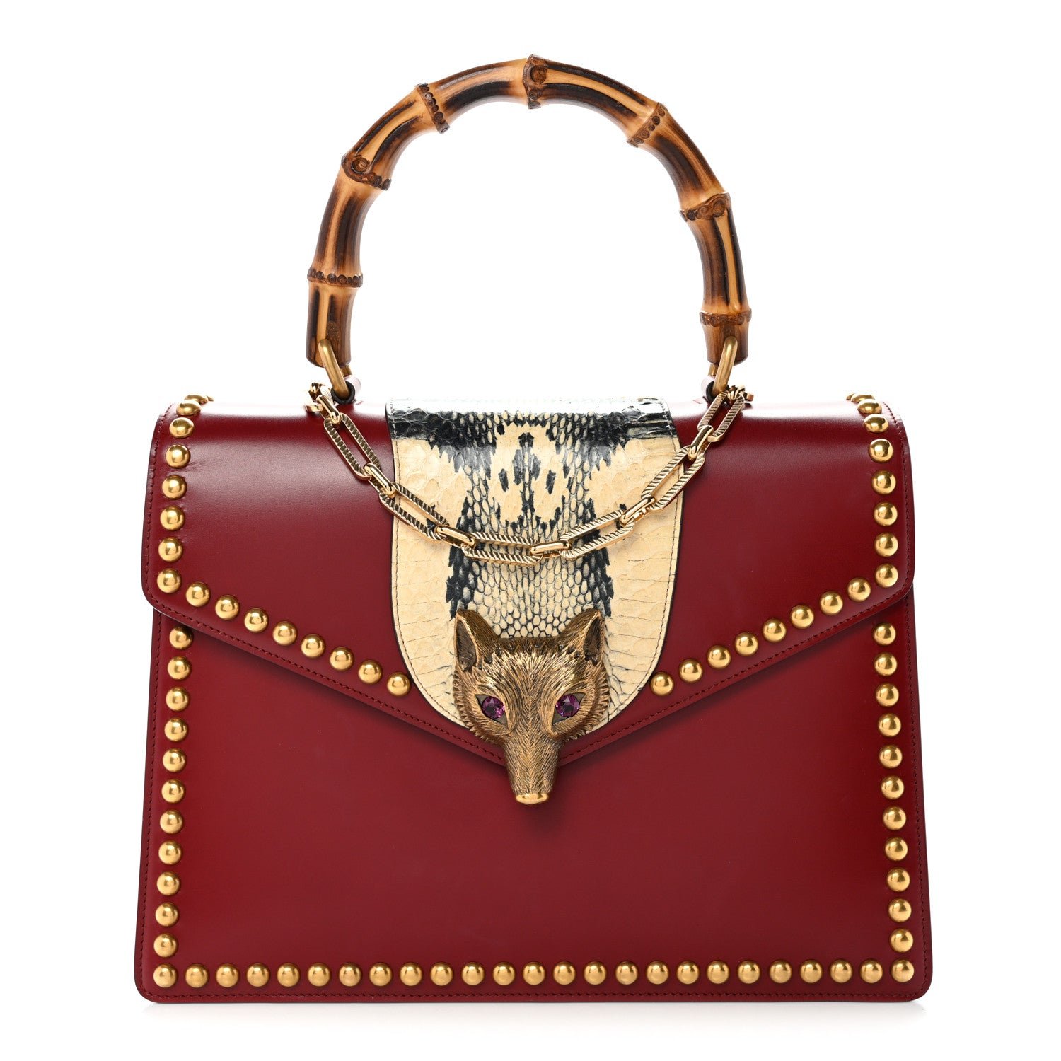 Gucci Glossy Calfskin Snakeskin Studded Fox Broche Bamboo Top Handle Bag Red