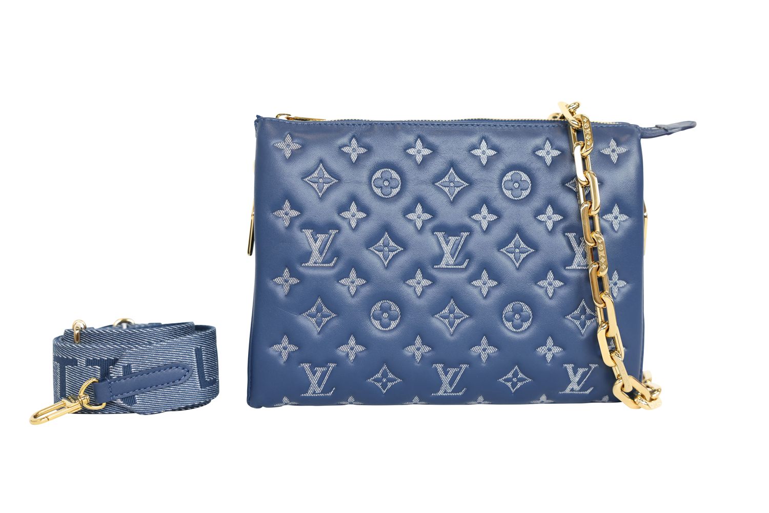 Louis Vuitton Coussin PM Bag, Denim Blue Print Monogram Leather and Gold Hardware, Preowned in Dustbag WA001