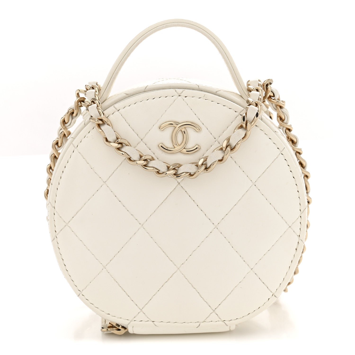 Chanel Lambskin Quilted Round Handle With Care Vanity With Chain White