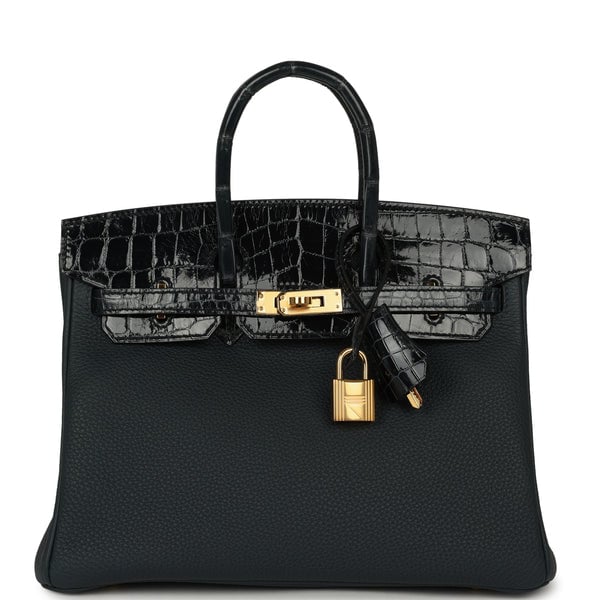Pre-owned Hermes Birkin 25 Vert Rousseau Togo, Shiny Niloticus Crocodile Touch Gold Hardware