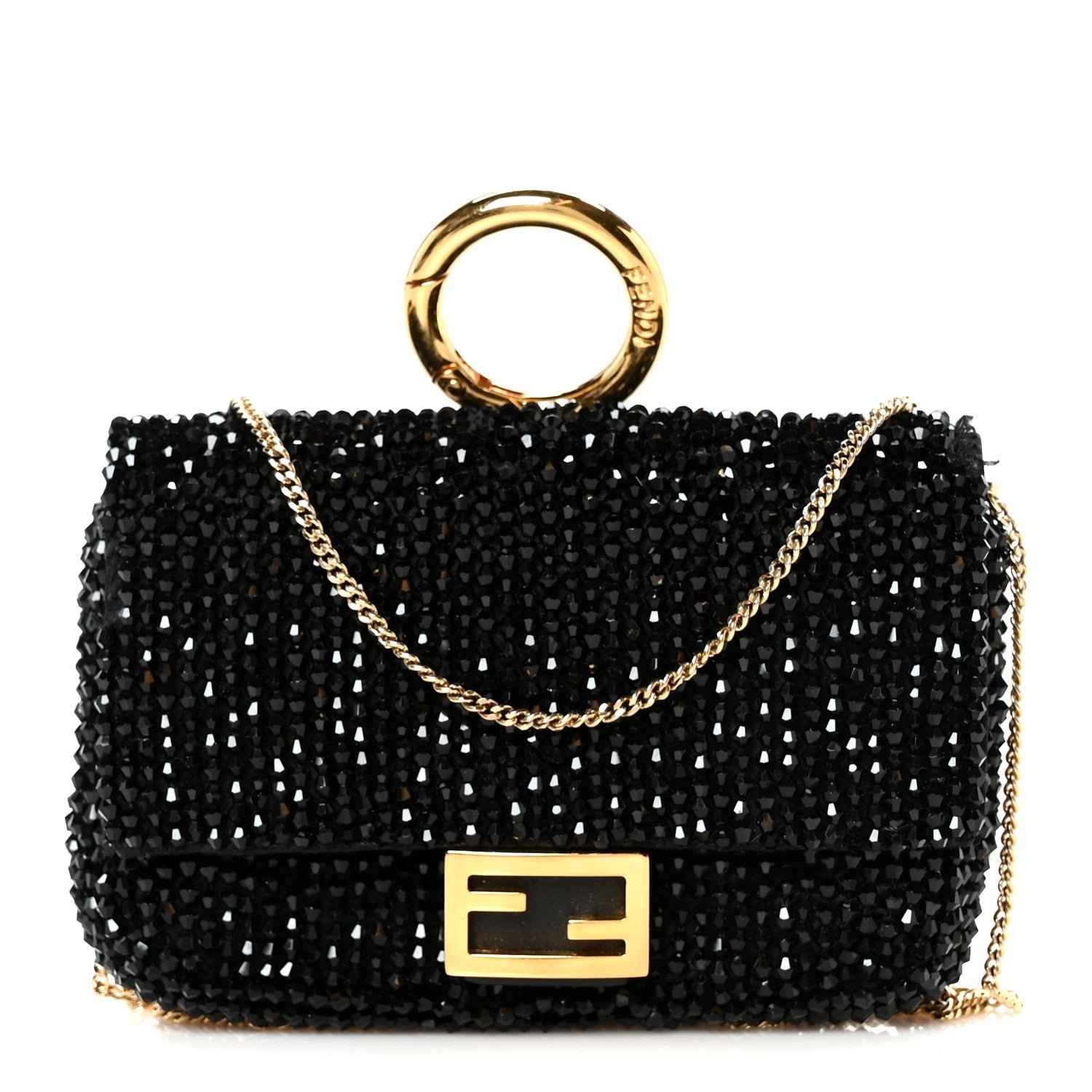 Fendi Crystal Vitello King Beaded Nano Baguette Charm Black