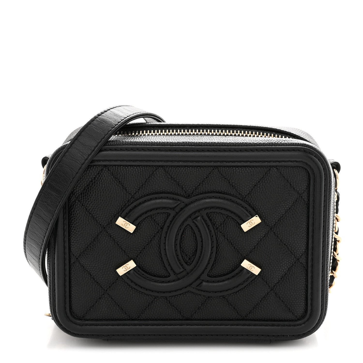 Chanel Caviar Quilted CC Filigree Vanity Clutch With Chain Black