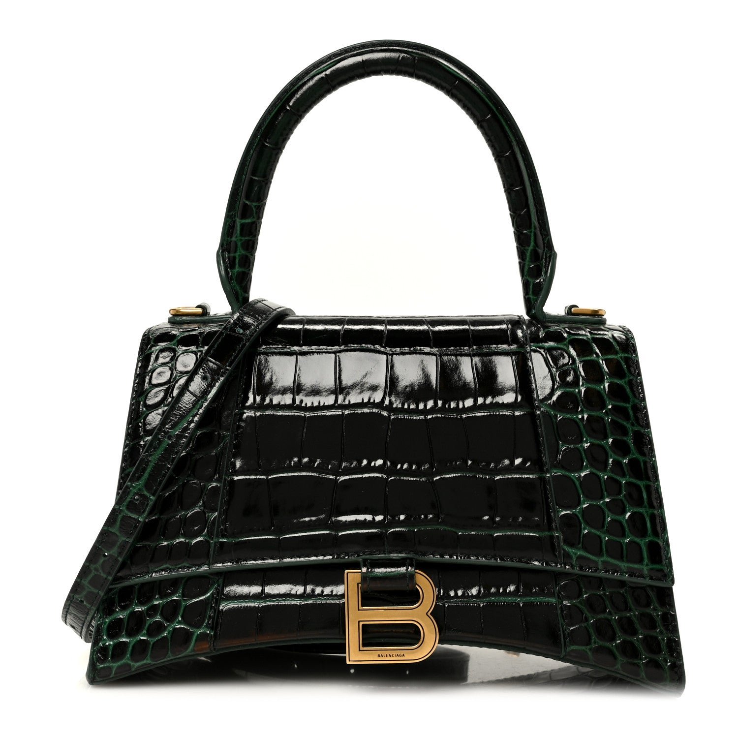 Balenciaga Shiny Calfskin Crocodile Embossed Small Hourglass Top Handle Bag Forest Green