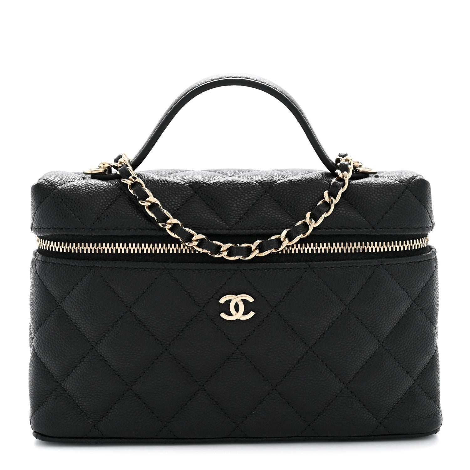 Chanel Caviar Quilted Top Handle Slim Vanity With Chain Black