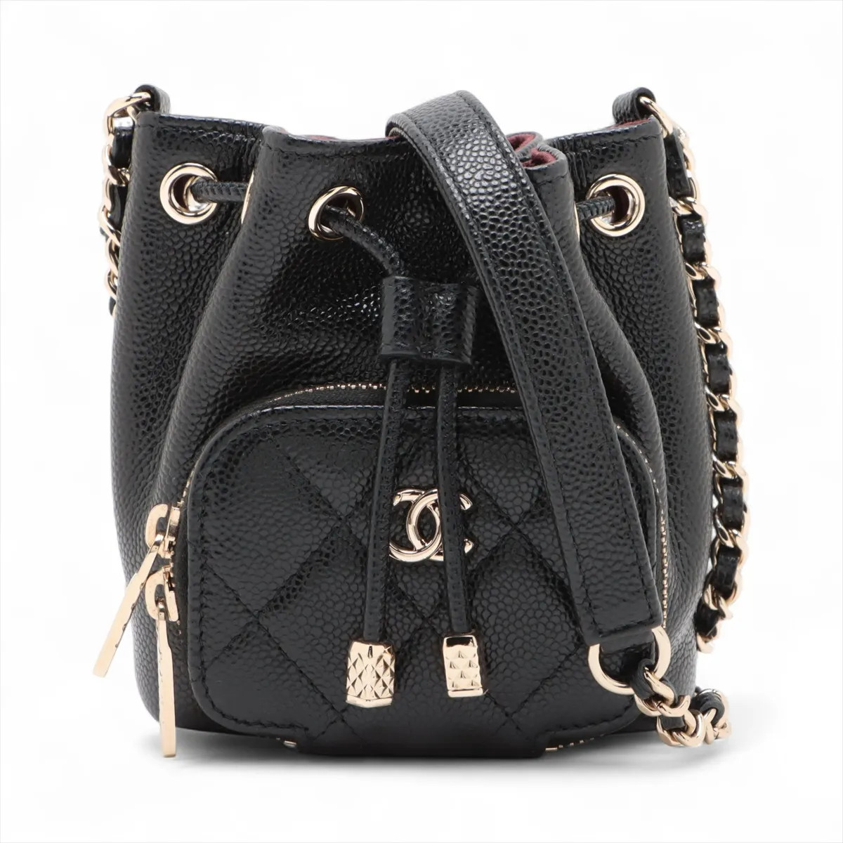 Chanel Matelasse Caviar Skin Chain Shoulder Bag Purse Black Gold Metal Fittings