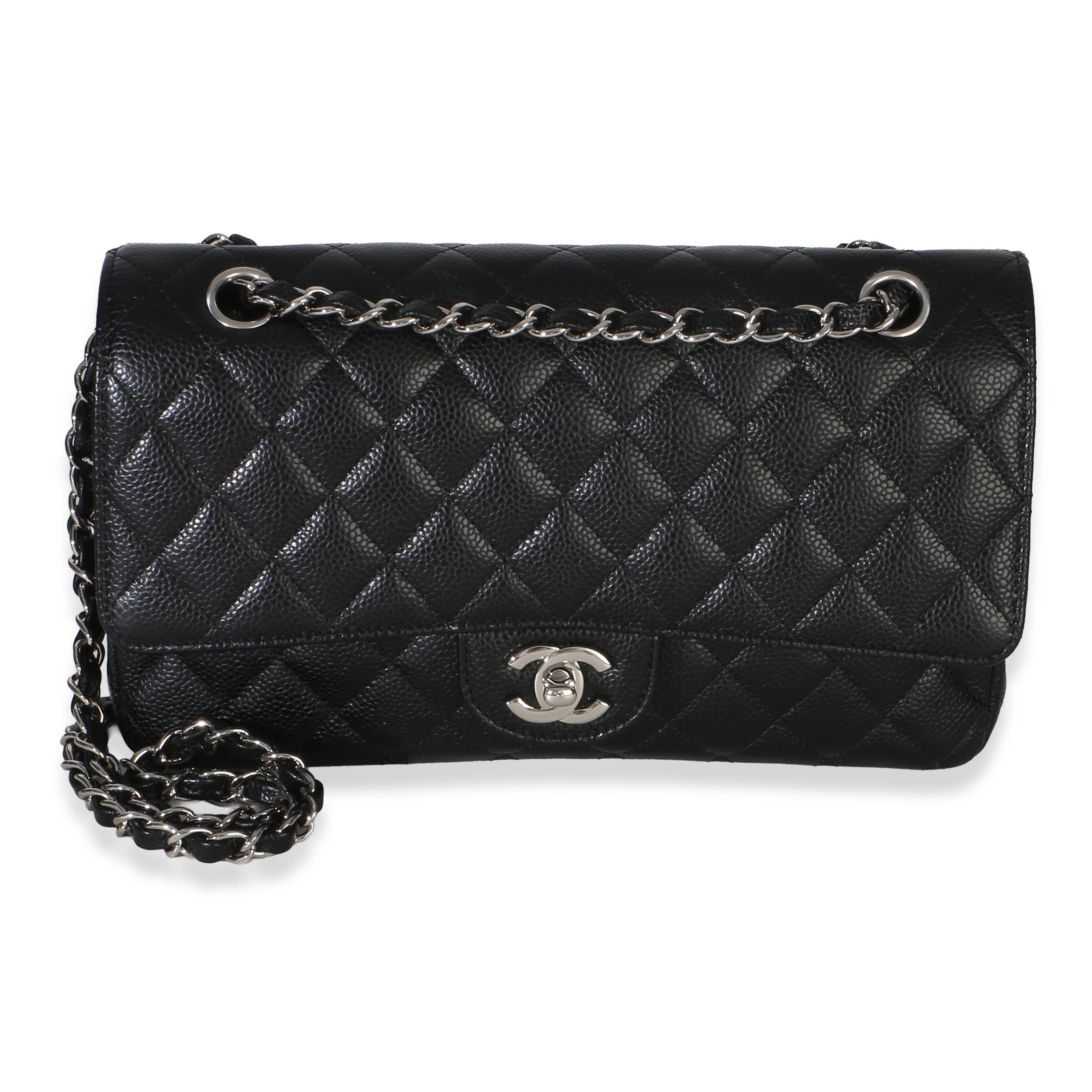 Black Quilted Caviar Medium Classic Double Flap Handbag