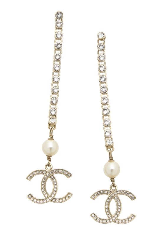 Gold Crystal 'CC' Faux Pearl Dangle Earrings