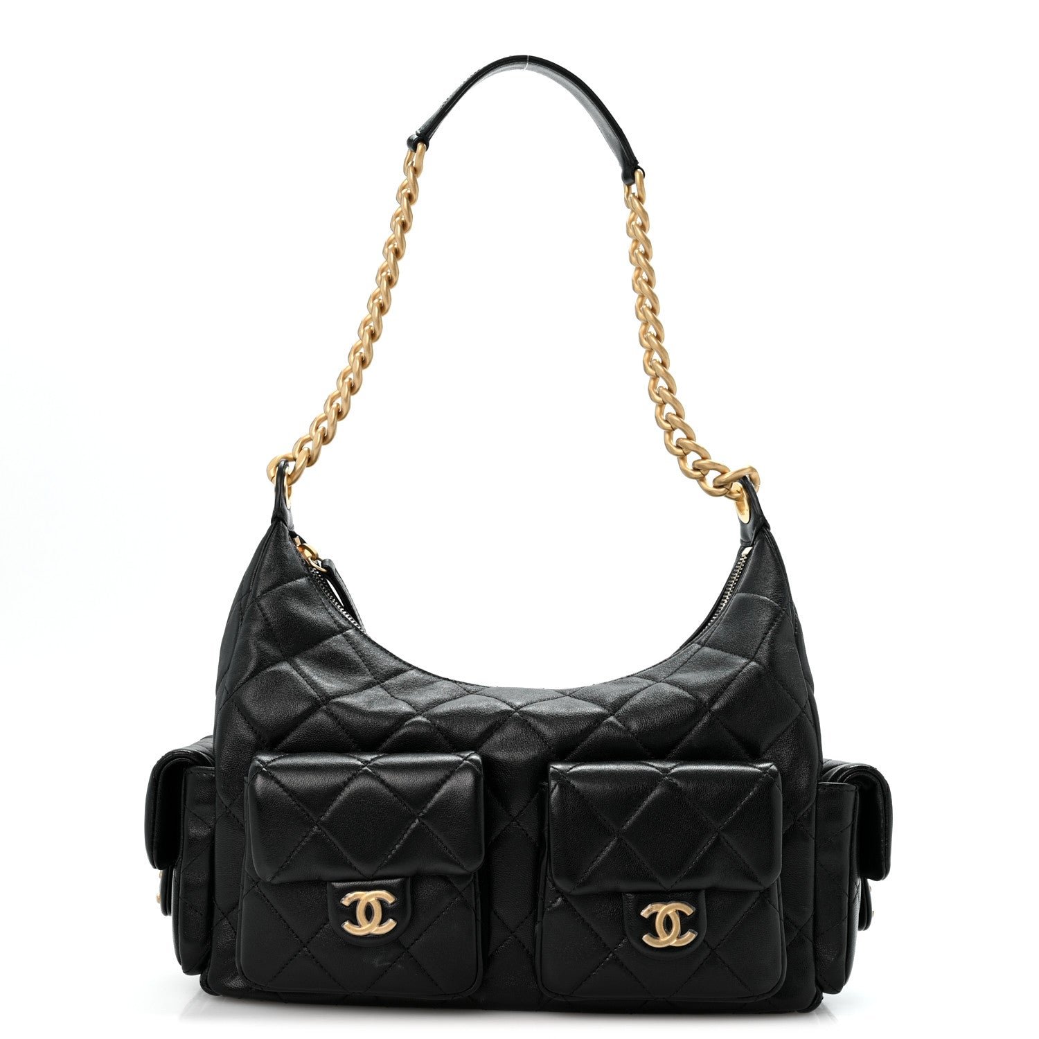 Chanel Shiny Lambskin Quilted Trendy Pockets Hobo Black