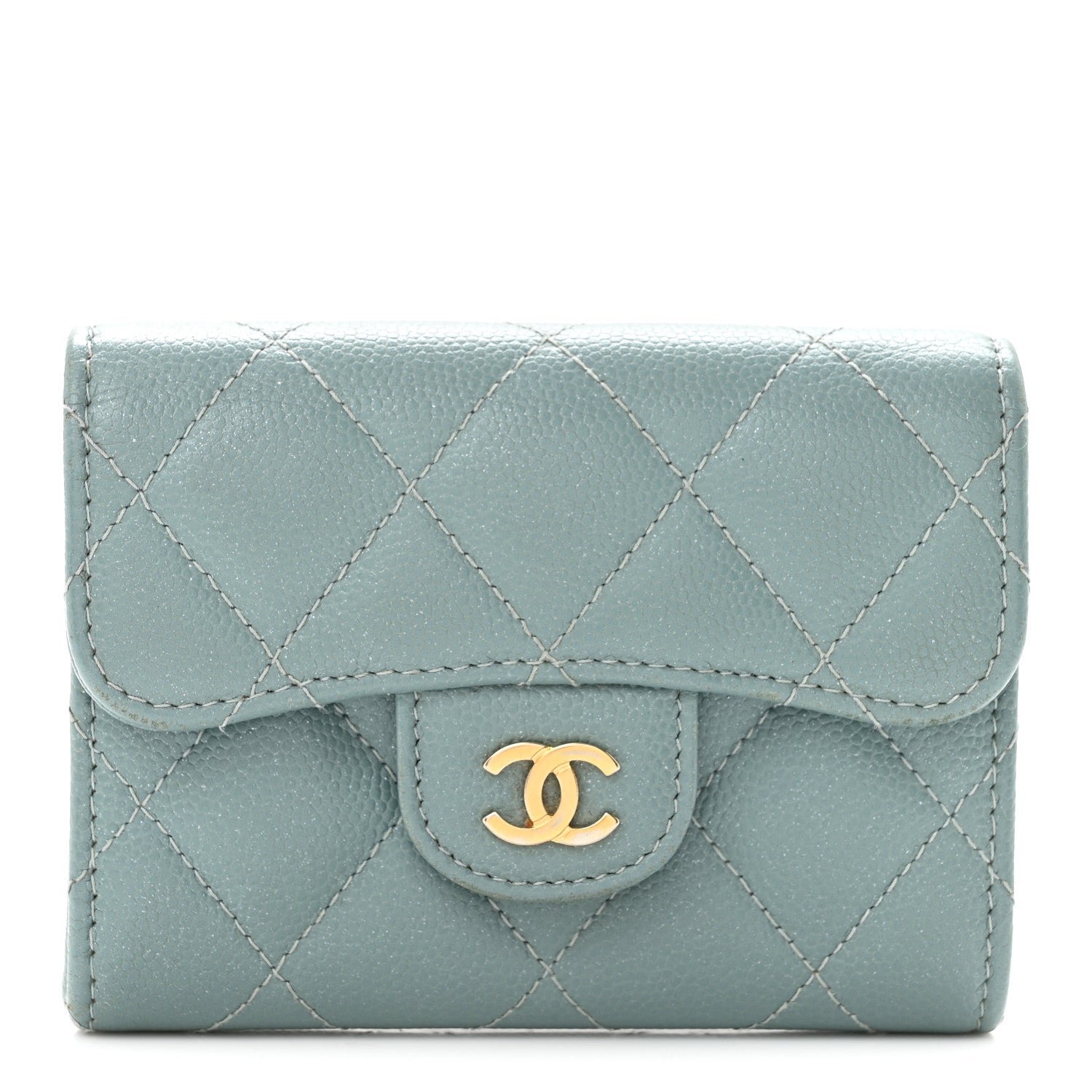 Chanel Iridescent Caviar Quilted Flap Card Holder Wallet Light Blue