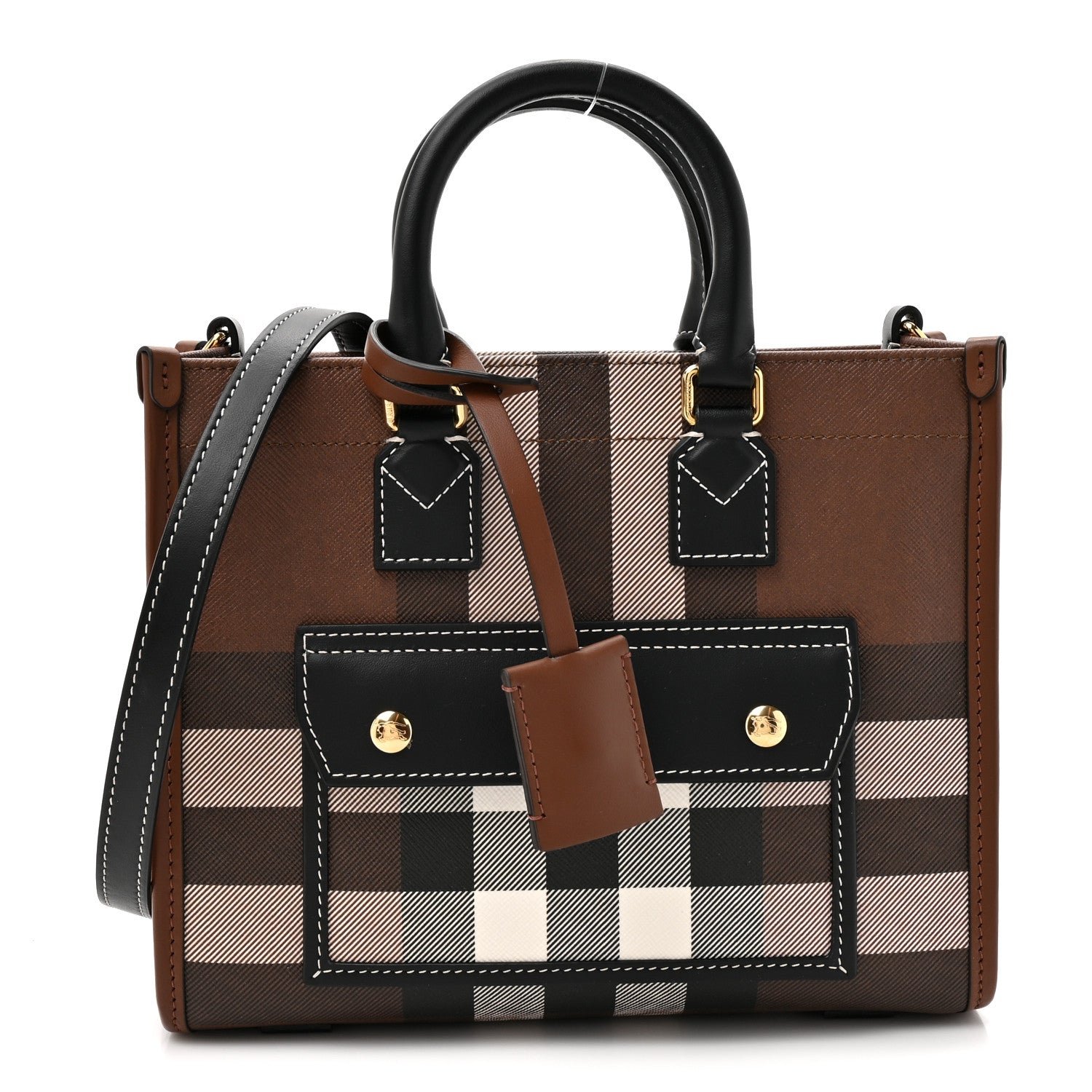 Burberry E-Canvas Check Calfskin Mini Freya Tote Dark Birch Brown